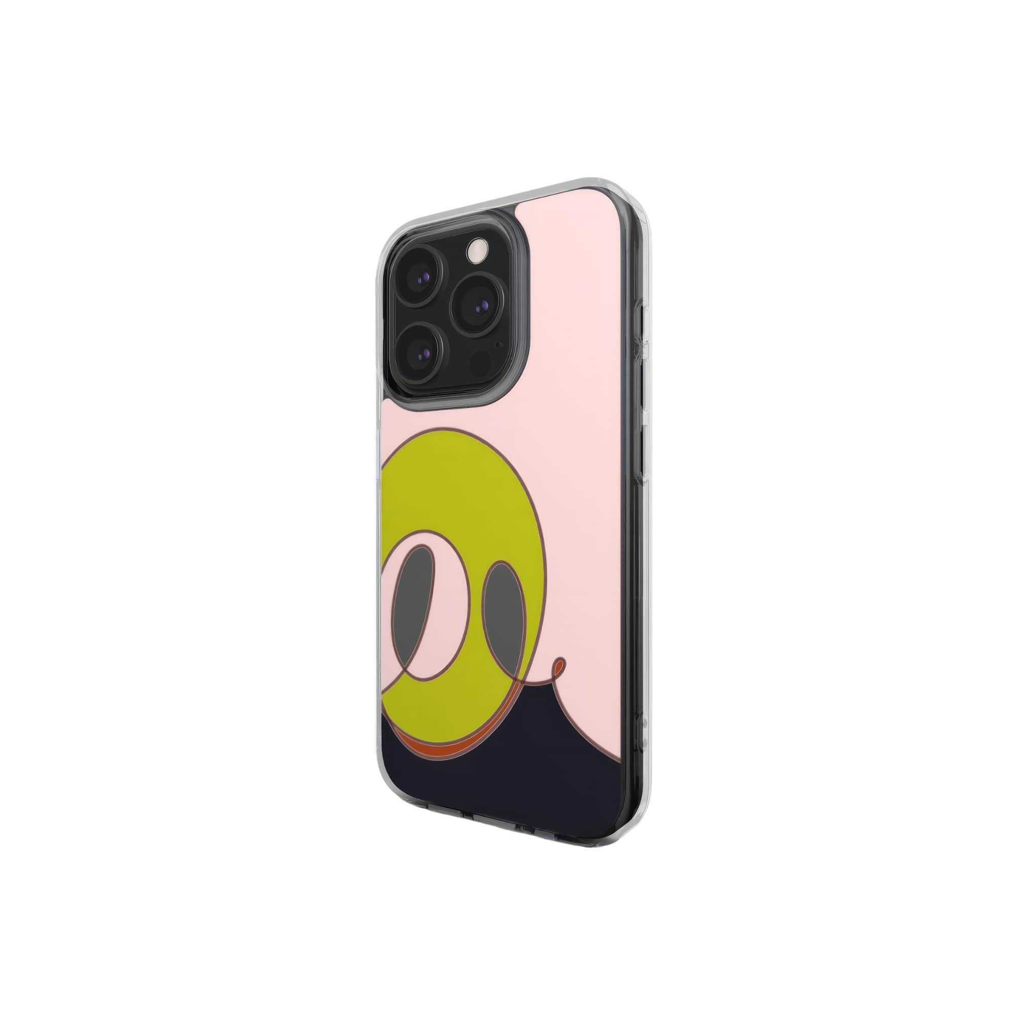Clear phone case Smile pattern design with a playful, bold expression of joy captured in abstract form, featuring an elegant and expressive aesthetic design. Main colors are pink and mustard yellow. Side view.
