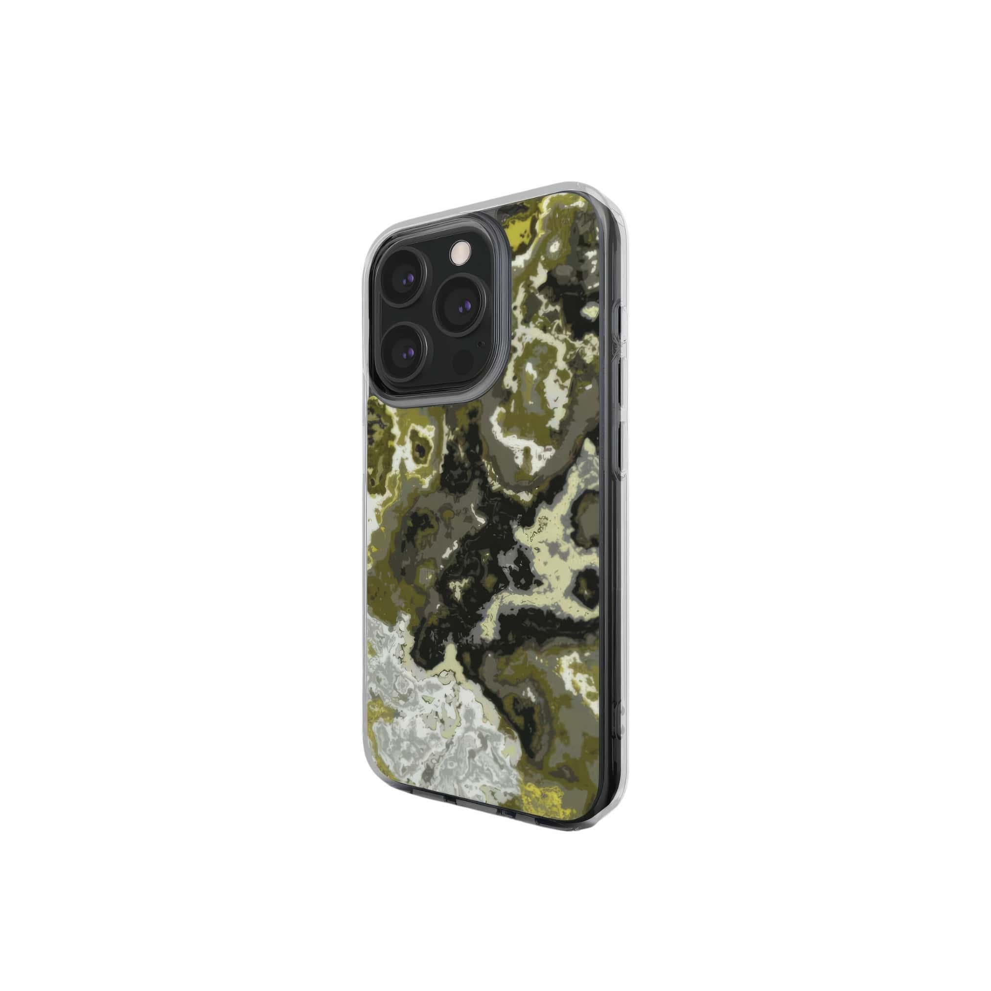 Clear phone case side view; Spring Rain 1 pattern, artistic, abstract marble pattern. Yellow, black and grey color combination.