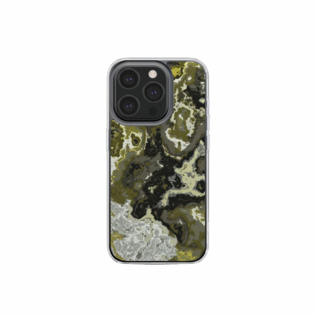 Clear phone case front view; Spring Rain pattern, artistic, abstract marble pattern. Yellow, black and grey color combination. Bold expressive aesthetic design. Colorful and interior fit. Elegant.