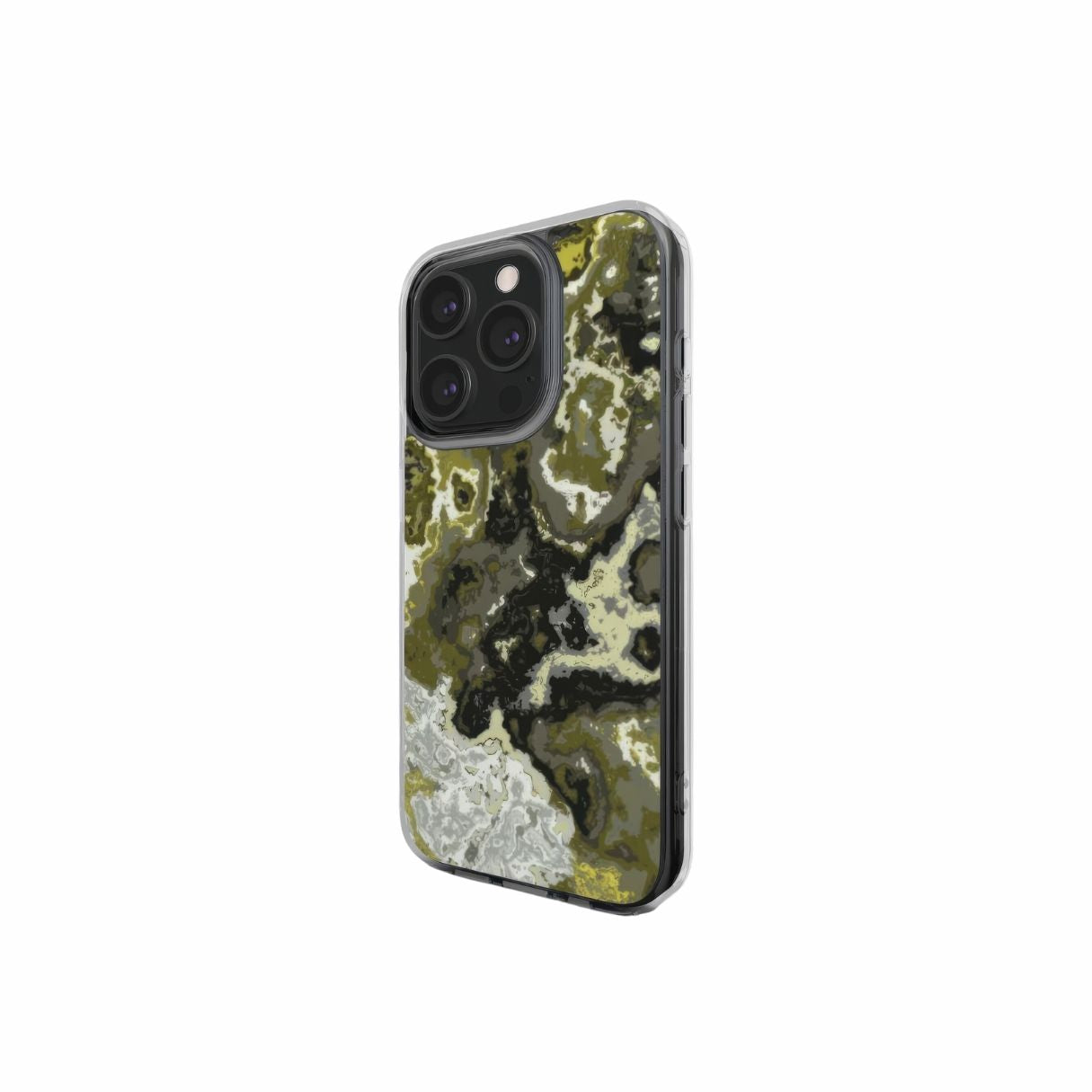 Clear phone case side view; Spring Rain pattern, artistic, abstract marble pattern. Yellow, black and grey color combination.