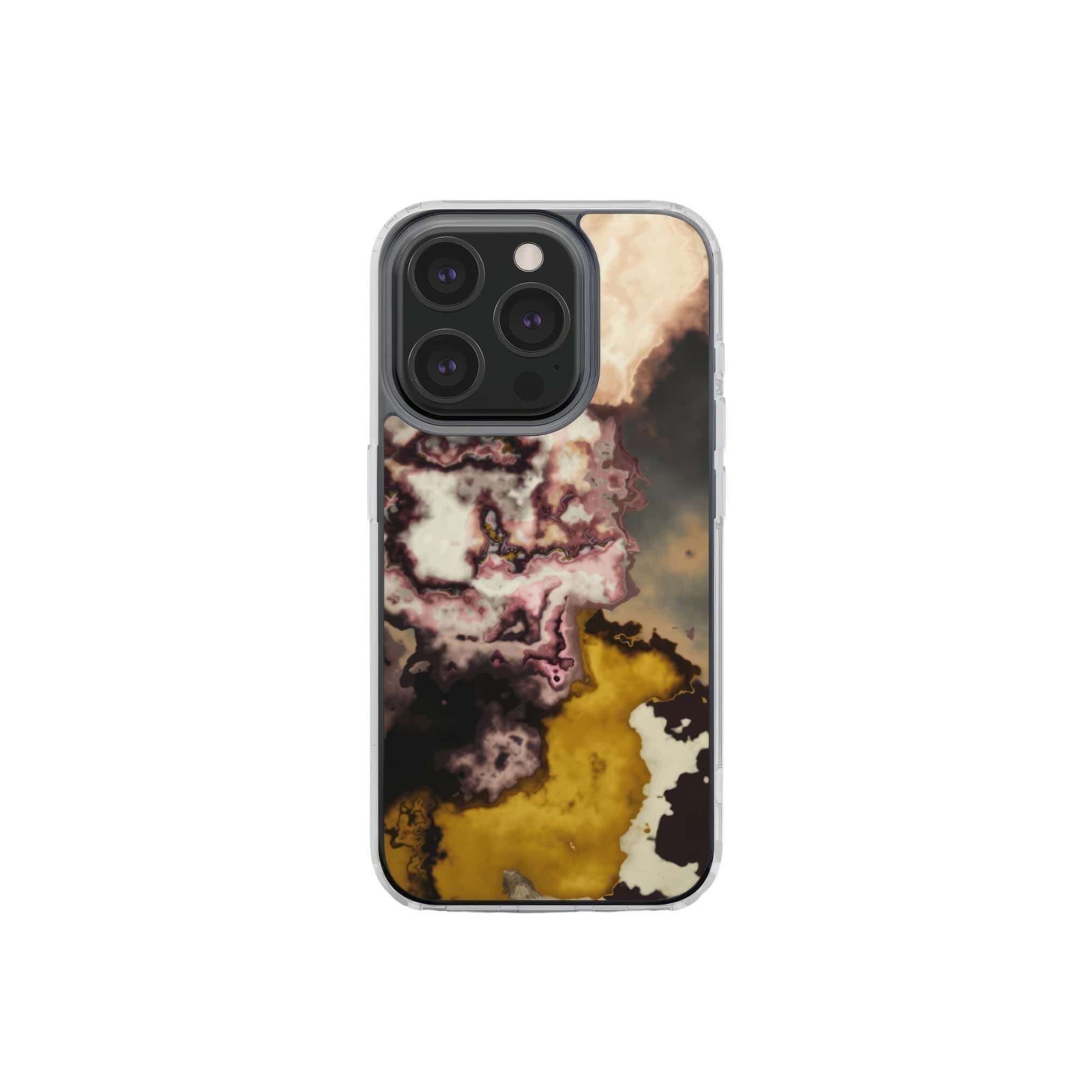 Clear phone case front view; storm 1 pattern, artistic, abstract marble pattern. Yellow and beige color combination. Bold expressive aesthetic design. Colorful and interior fit. Elegant.