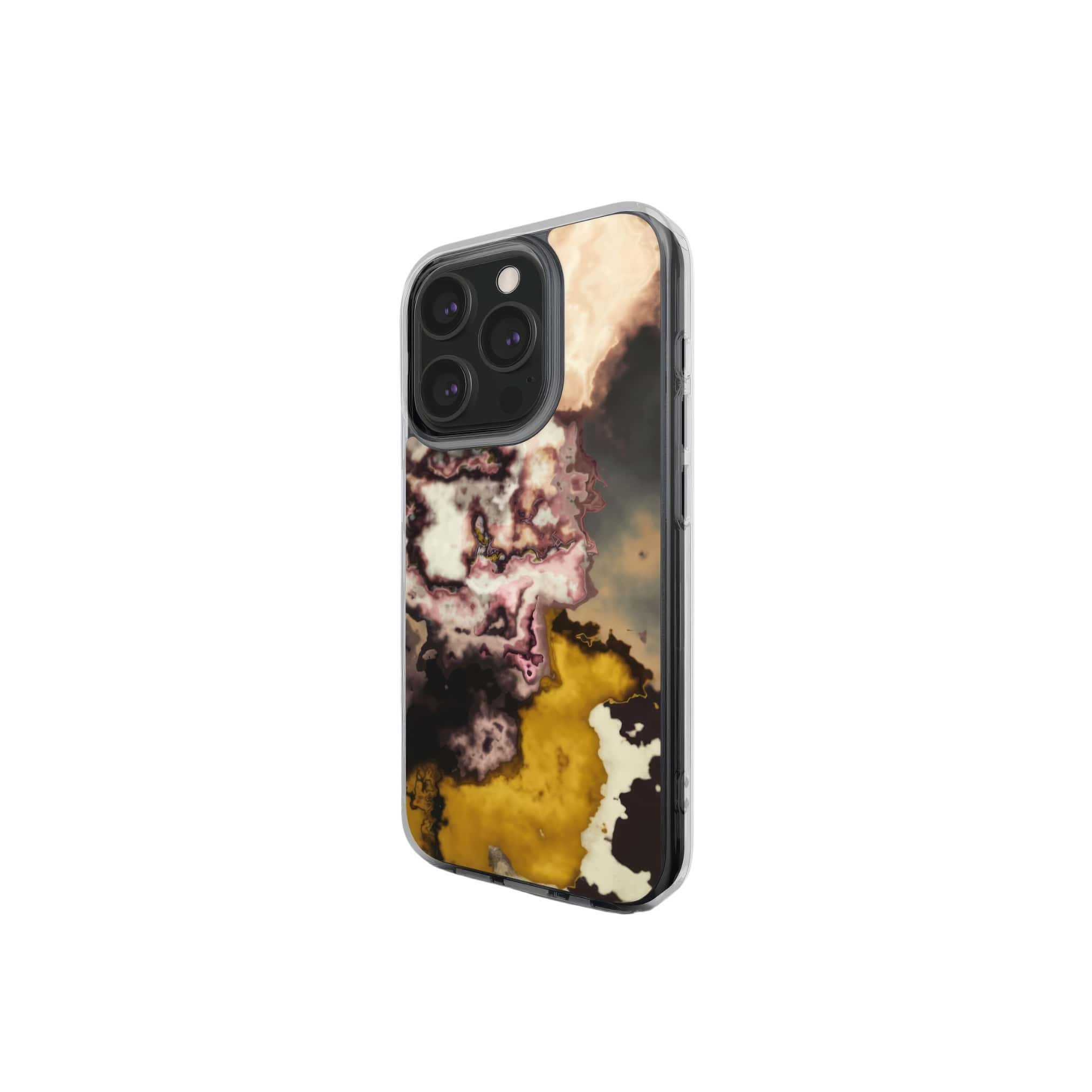 Clear phone case side view; storm 1 pattern, artistic, abstract marble pattern. Yellow and beige color combination. 