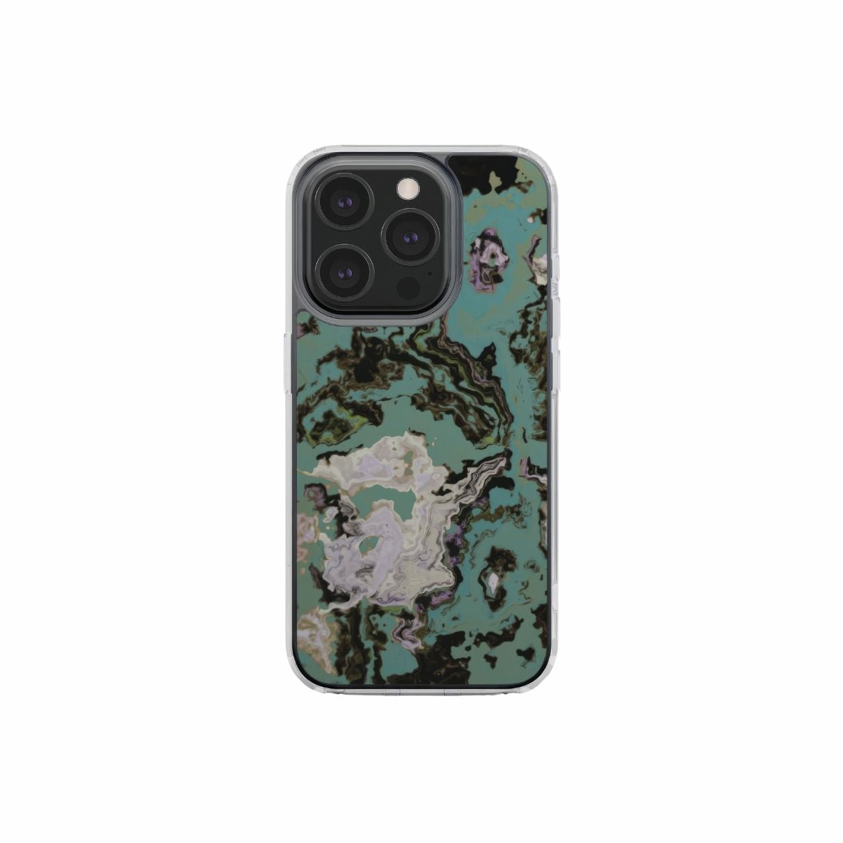 Clear phone case with a bold vivid pattern in marble abstract and artistic style, featuring an elegant and expressive aesthetic design. Main colors are teal blue and light lilac. Front view.
