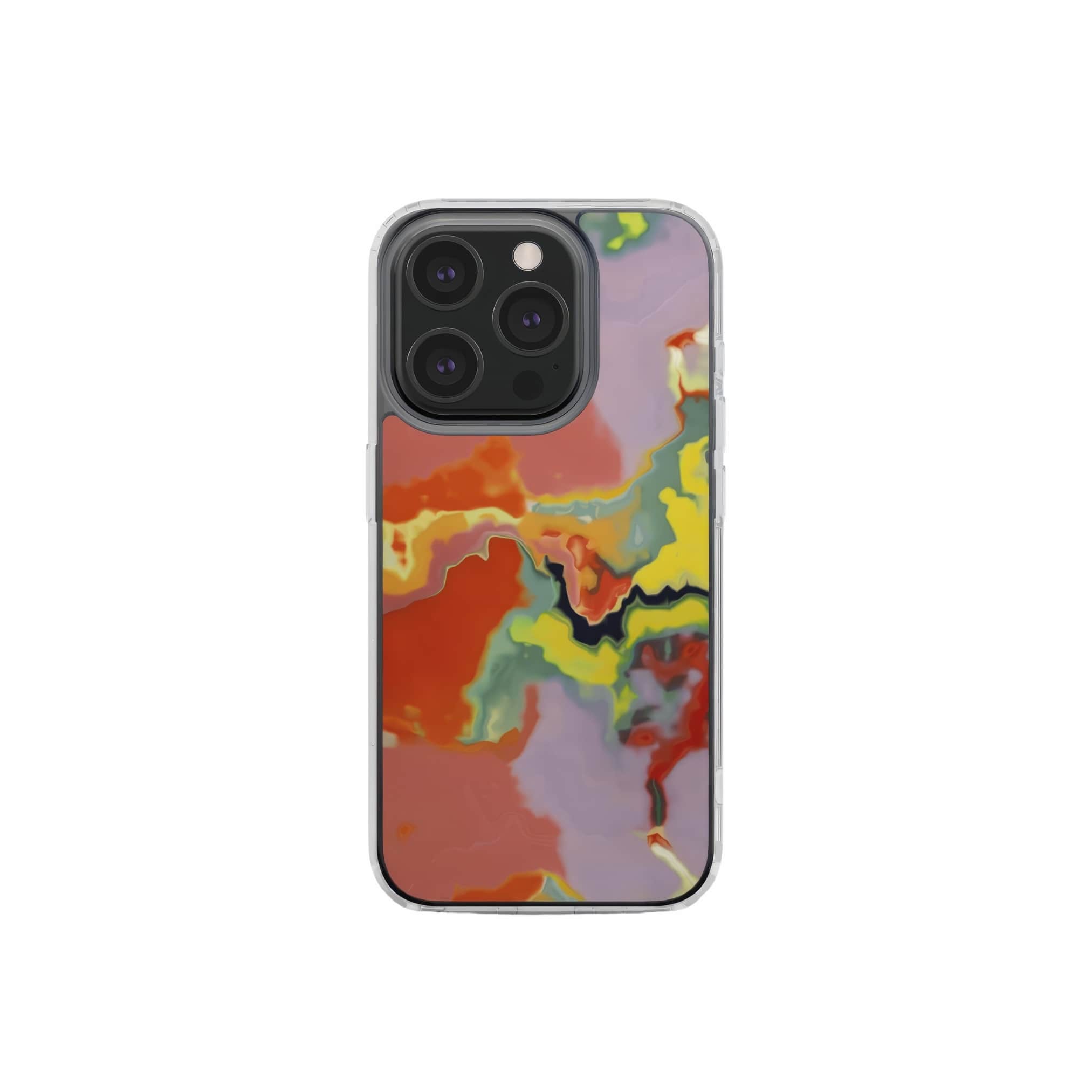 Clear phone case front view; Tropical 1 pattern, artistic, abstract marble pattern. Orange and green color combination.