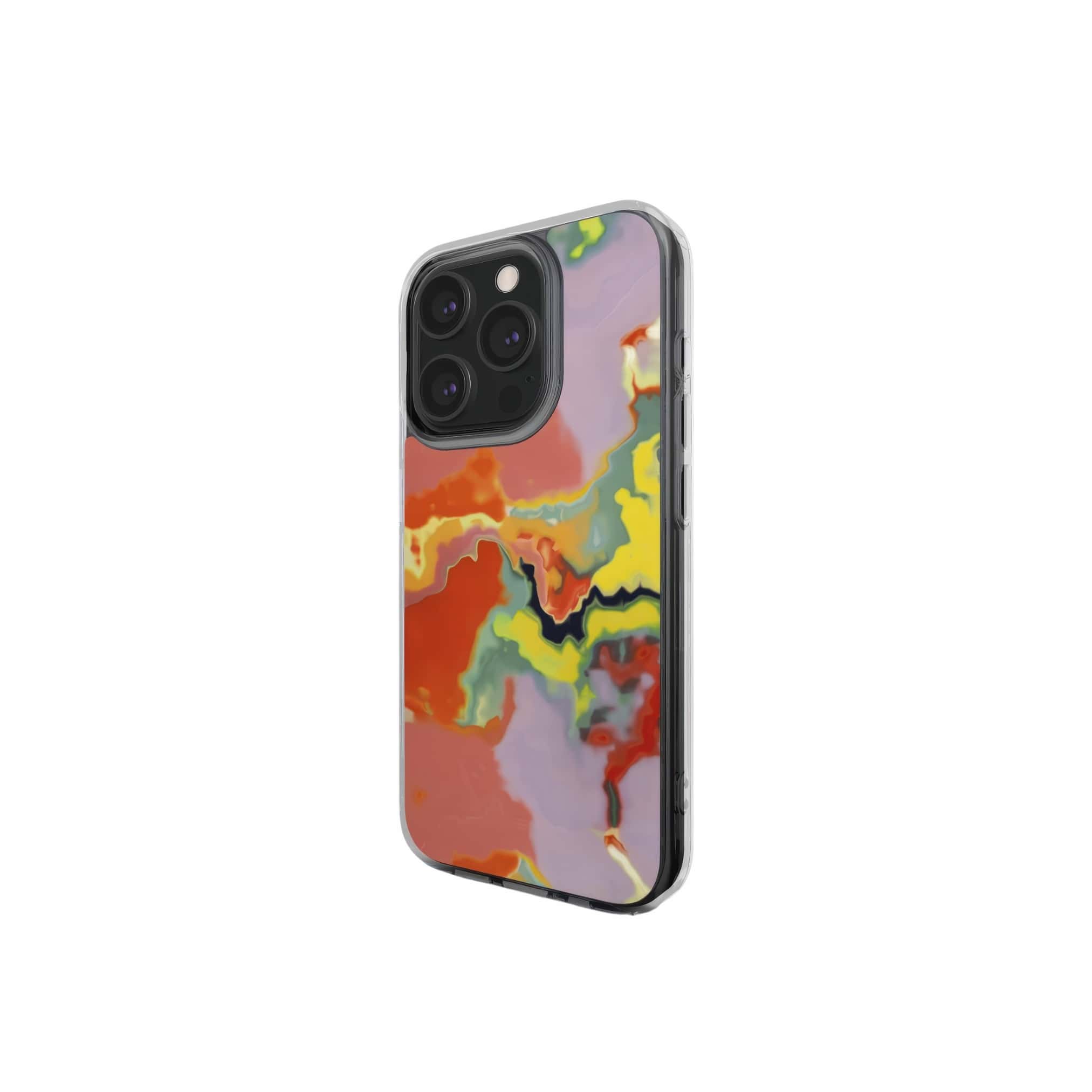 Clear phone case side view; Tropical 1 pattern, artistic, abstract marble pattern. Orange and green color combination.