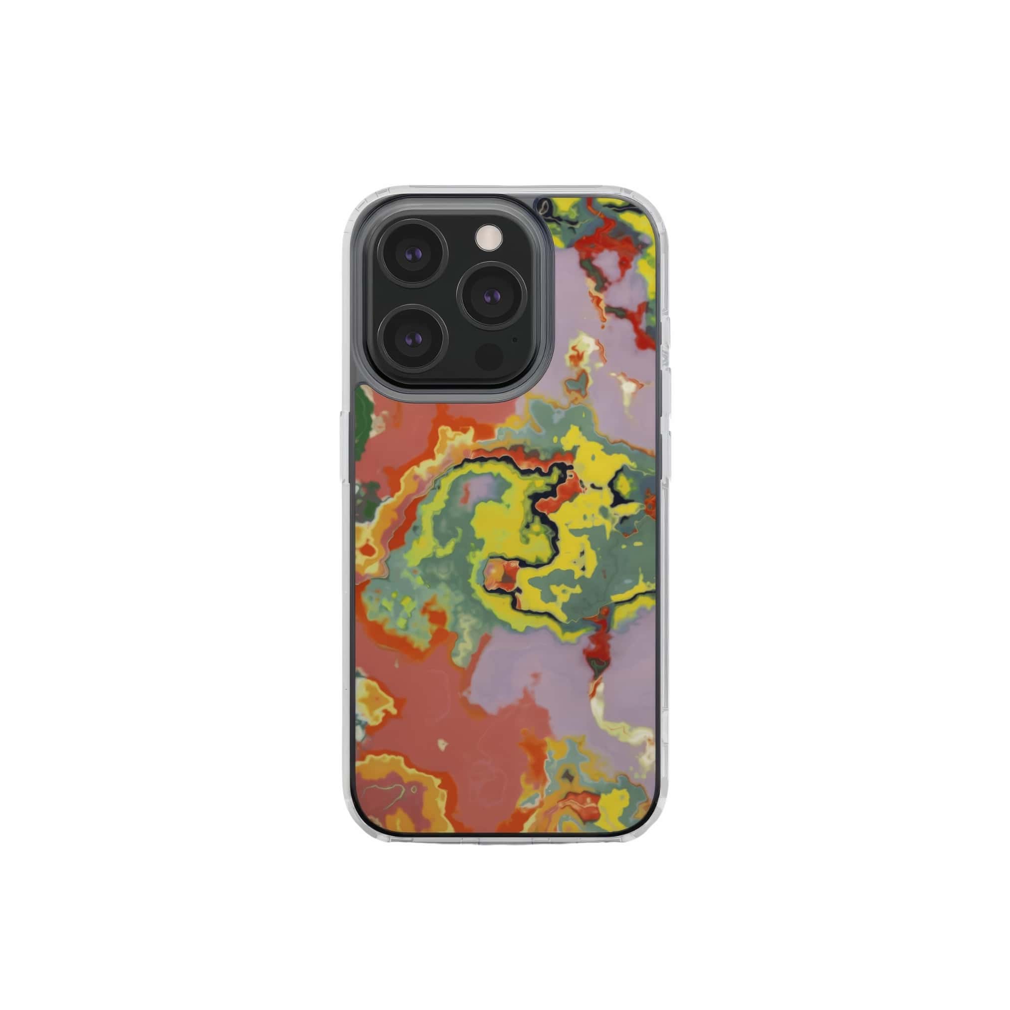 Clear phone case front view; Tropical 2 pattern, artistic, abstract marble pattern. Orange and green color combination. Bold expressive aesthetic design. Colorful and interior fit. Elegant.