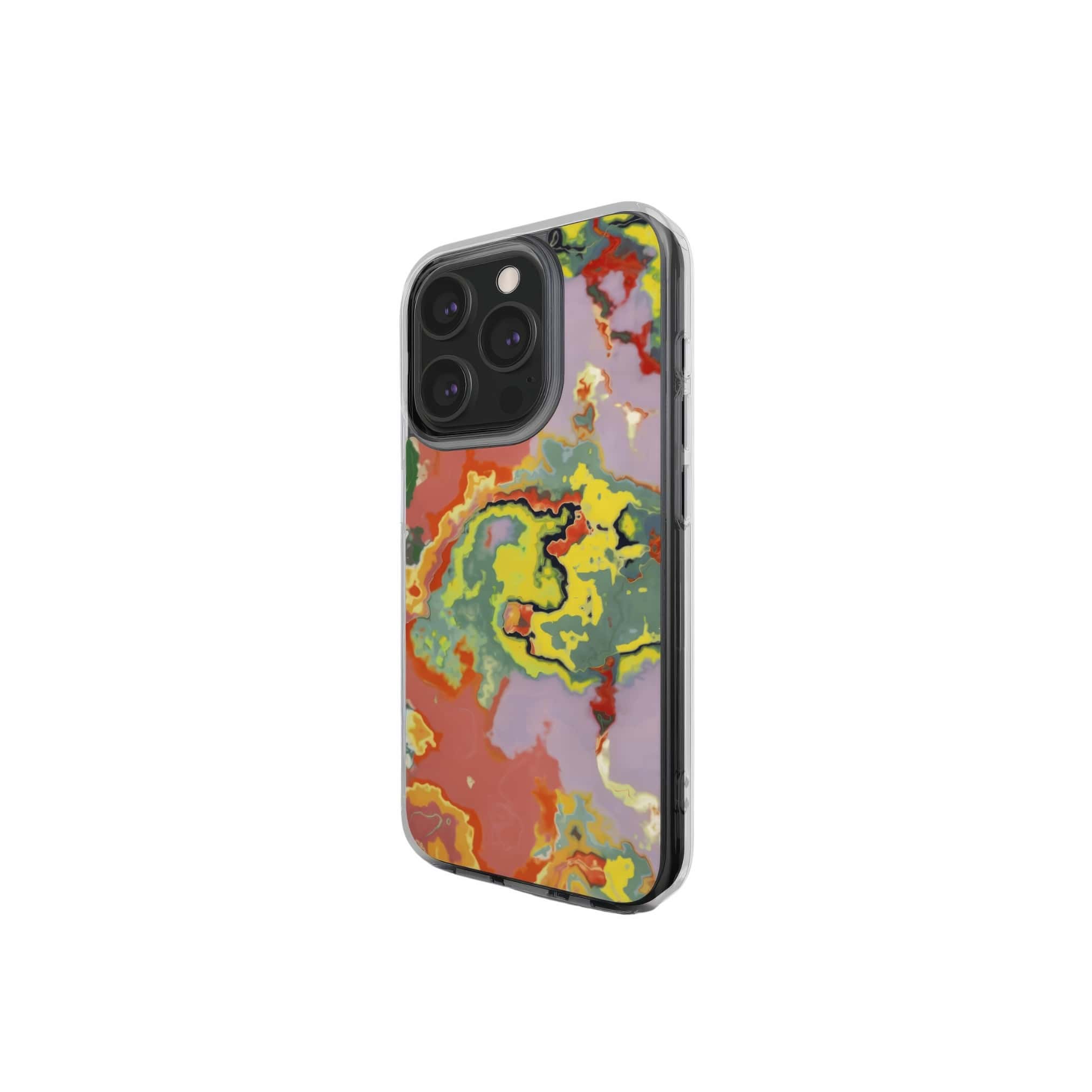 Clear phone case side view; Tropical 2 pattern, artistic, abstract marble pattern. Orange and green color combination. 