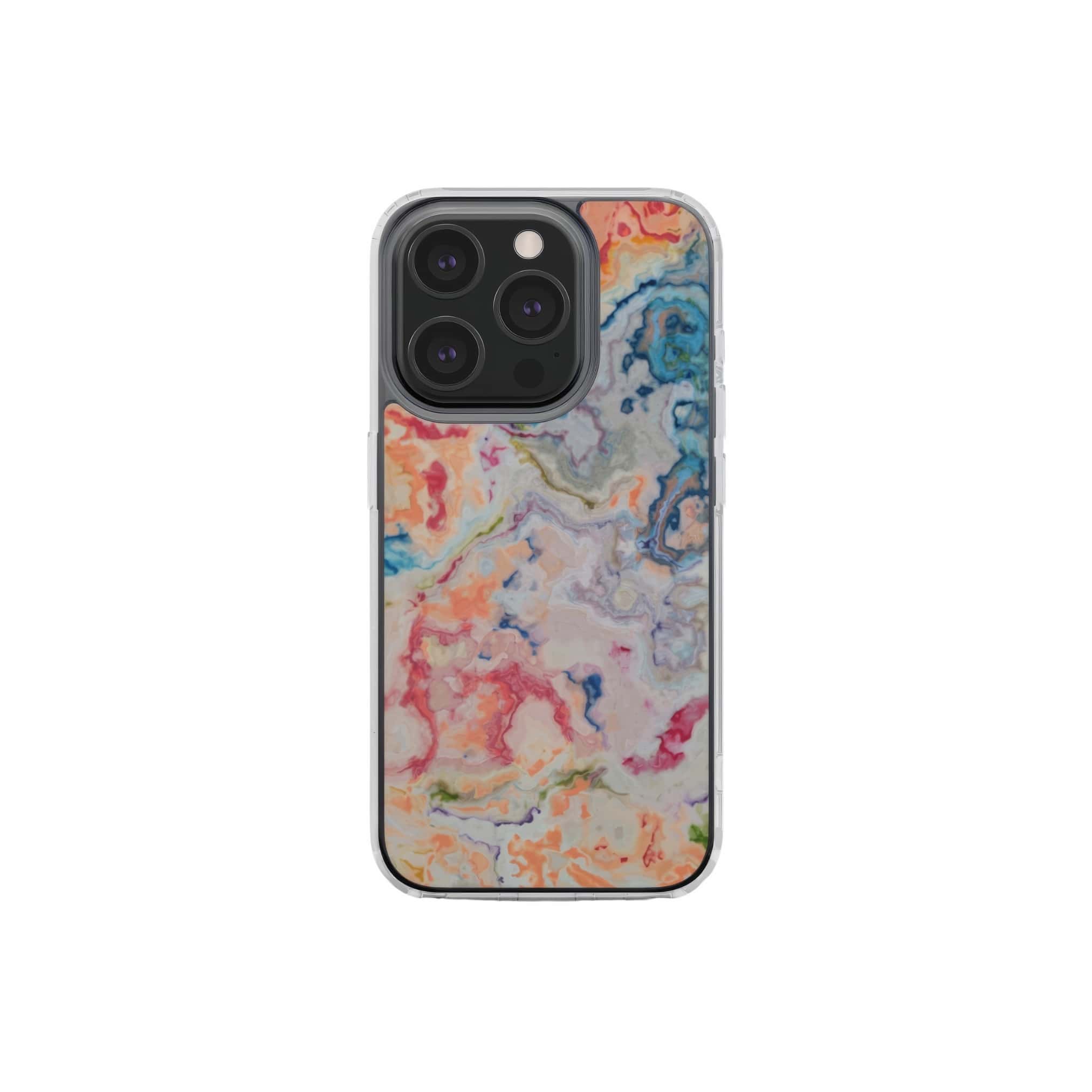 Clear phone case with a bold vivid pattern Ufo 1 in marble abstract and artistic style, featuring an elegant and expressive aesthetic design. Main colors are blue, orange and red. Front view.