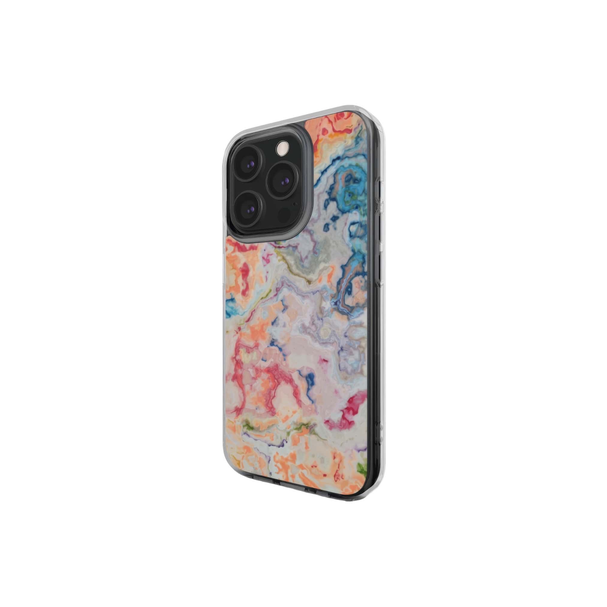 Clear phone case with a bold vivid pattern Ufo 1 in marble abstract and artistic style, featuring an elegant and expressive aesthetic design. Main colors are blue, orange and red. Side view.