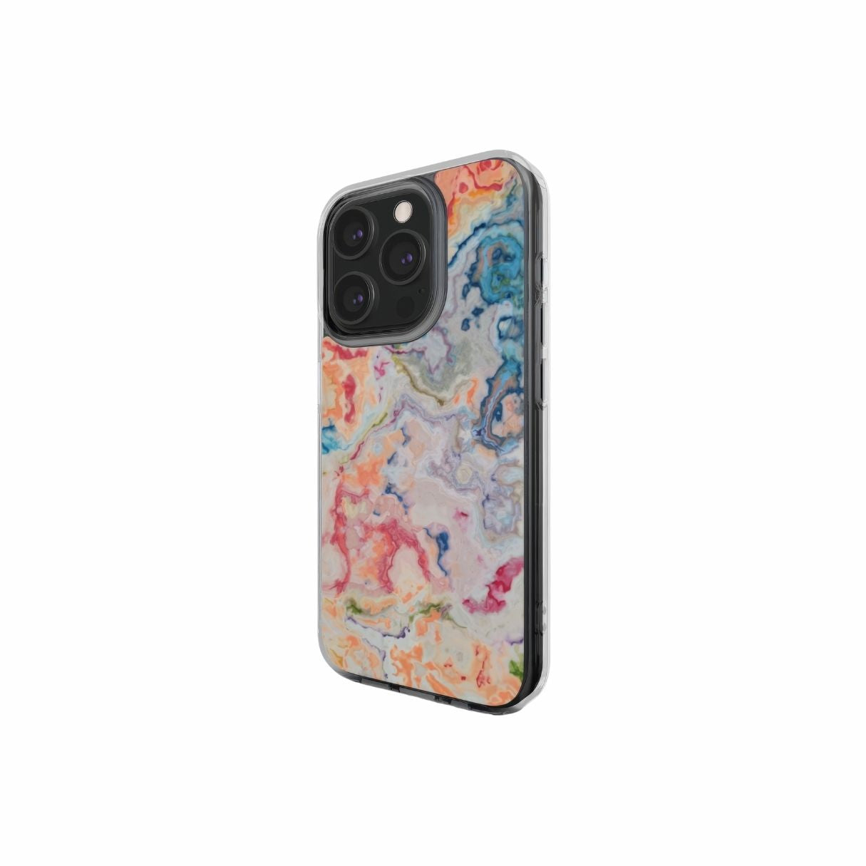 Clear phone case with a bold vivid pattern Ufo in marble abstract and artistic style, featuring an elegant and expressive aesthetic design. Main colors are blue, orange and red. Side view.