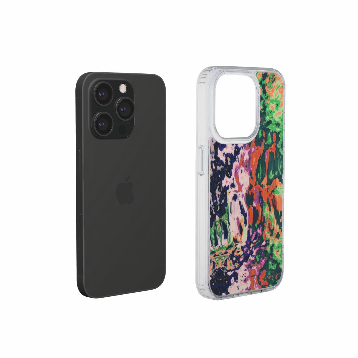 Clear phone case with a bold vivid pattern Vincet in marble abstract and artistic style, featuring an elegant and expressive aesthetic design. Main colors are purple, orange and green. Extend view.