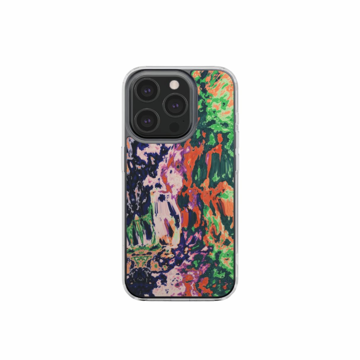 Clear phone case with a bold vivid pattern Vincet in marble abstract and artistic style, featuring an elegant and expressive aesthetic design. Main colors are purple, orange and green. Front view.