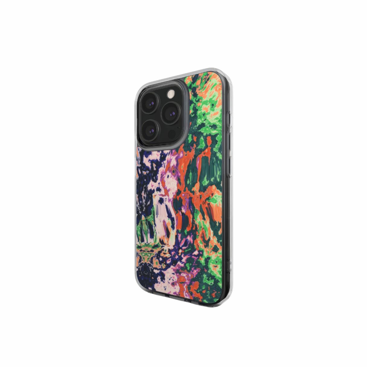 Clear phone case with a bold vivid pattern Vincet in marble abstract and artistic style, featuring an elegant and expressive aesthetic design. Main colors are purple, orange and green. Side view.