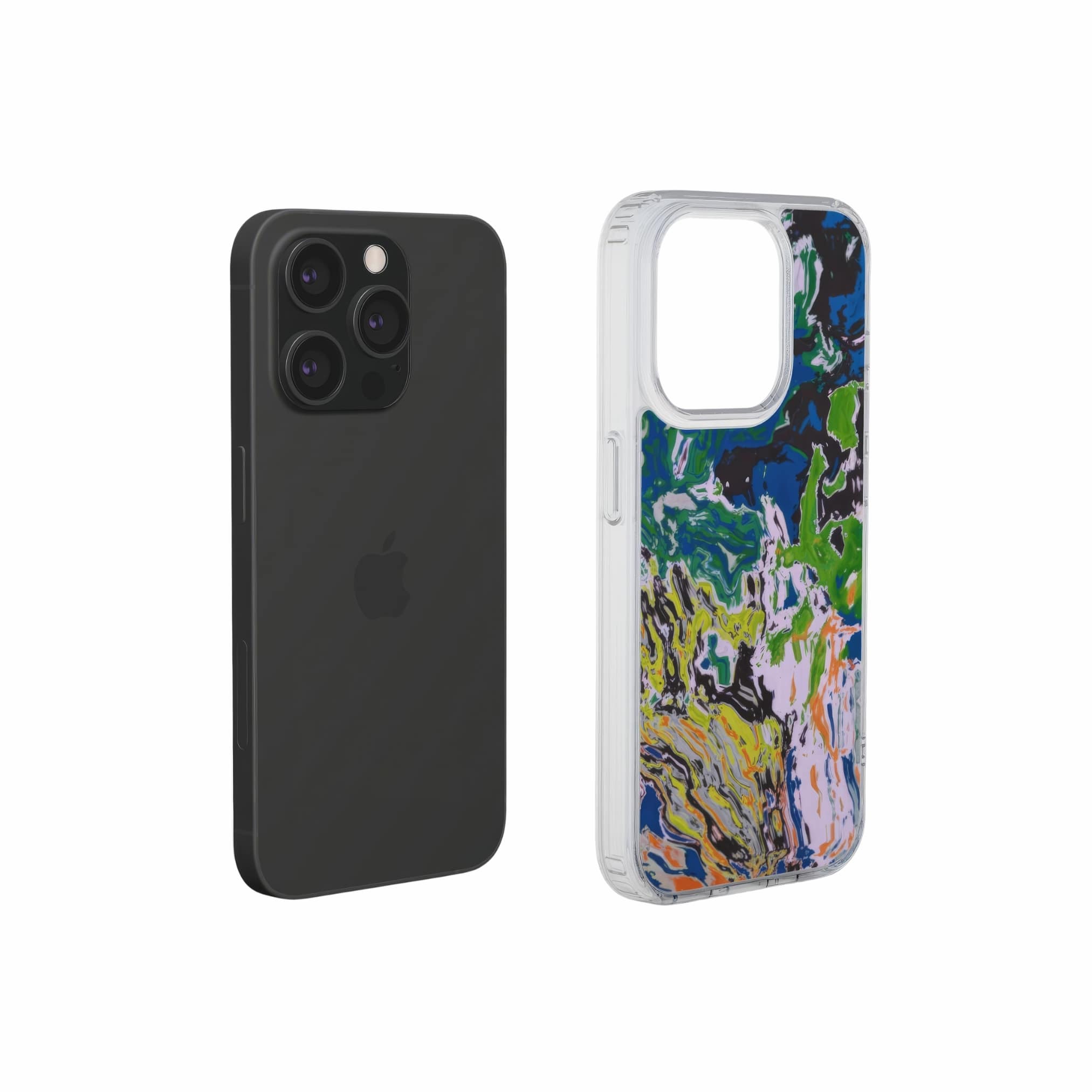 Clear phone case with a bold vivid pattern in marble abstract and artistic style, featuring an elegant and expressive aesthetic design. Main colors are blue, green and yellow with slight orange. Extend view.