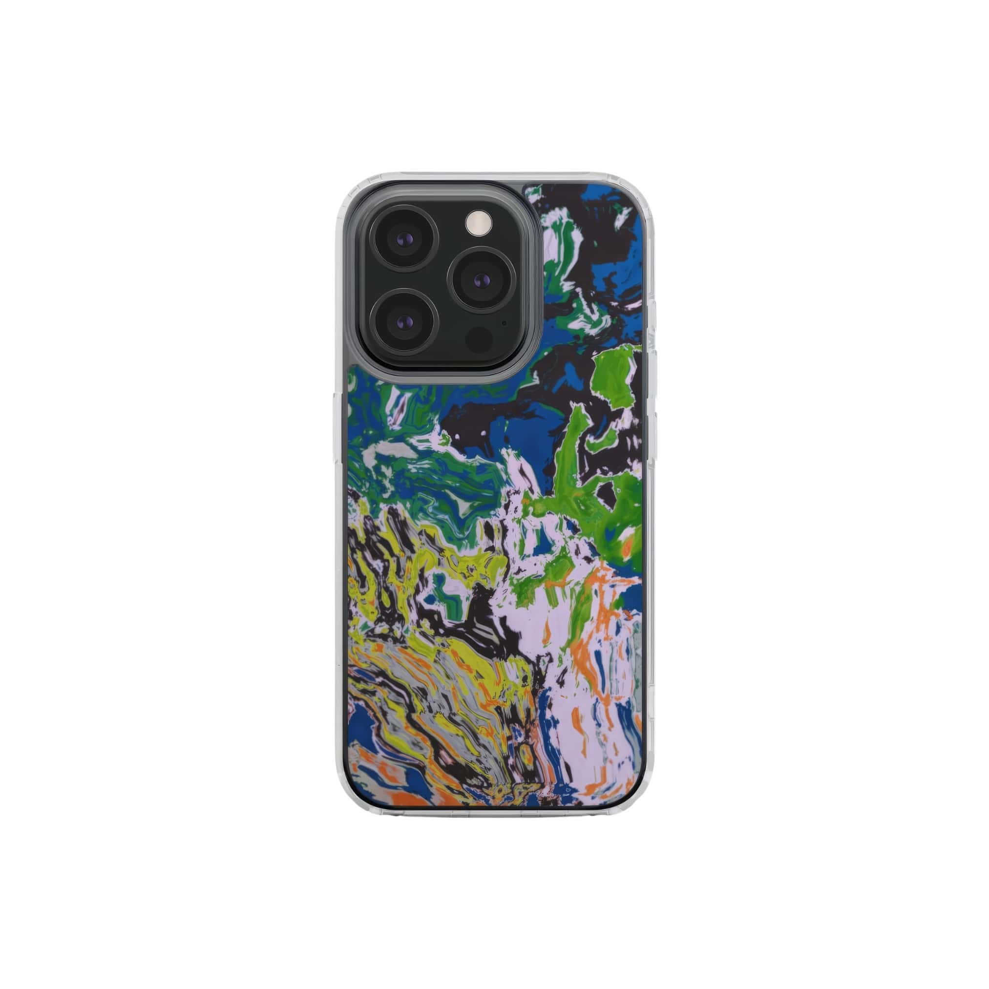 Clear phone case with a bold vivid pattern in marble abstract and artistic style, featuring an elegant and expressive aesthetic design. Main colors are blue, green and yellow with slight orange. Front view.