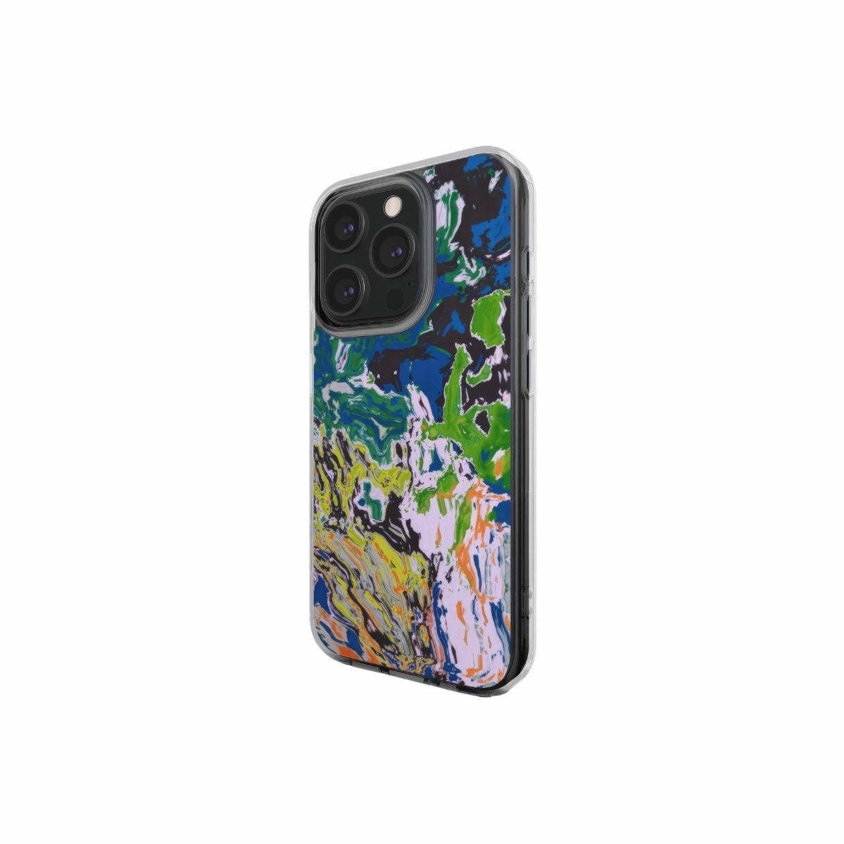 Clear phone case with a bold vivid pattern in marble abstract and artistic style, featuring an elegant and expressive aesthetic design. Main colors are blue, green and yellow with slight orange. Side view.