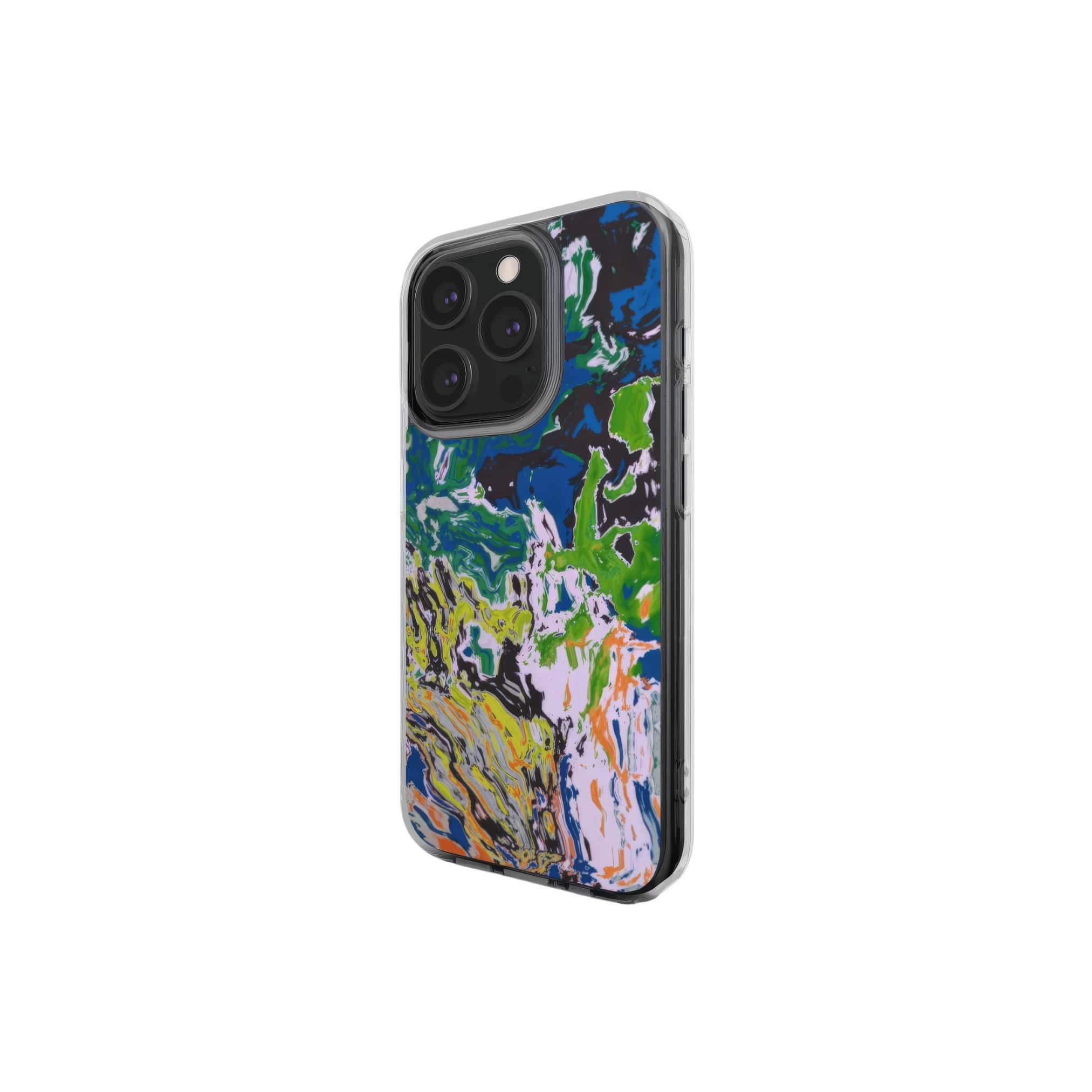Clear phone case with a bold vivid pattern in marble abstract and artistic style, featuring an elegant and expressive aesthetic design. Main colors are blue, green and yellow with slight orange. Side view.