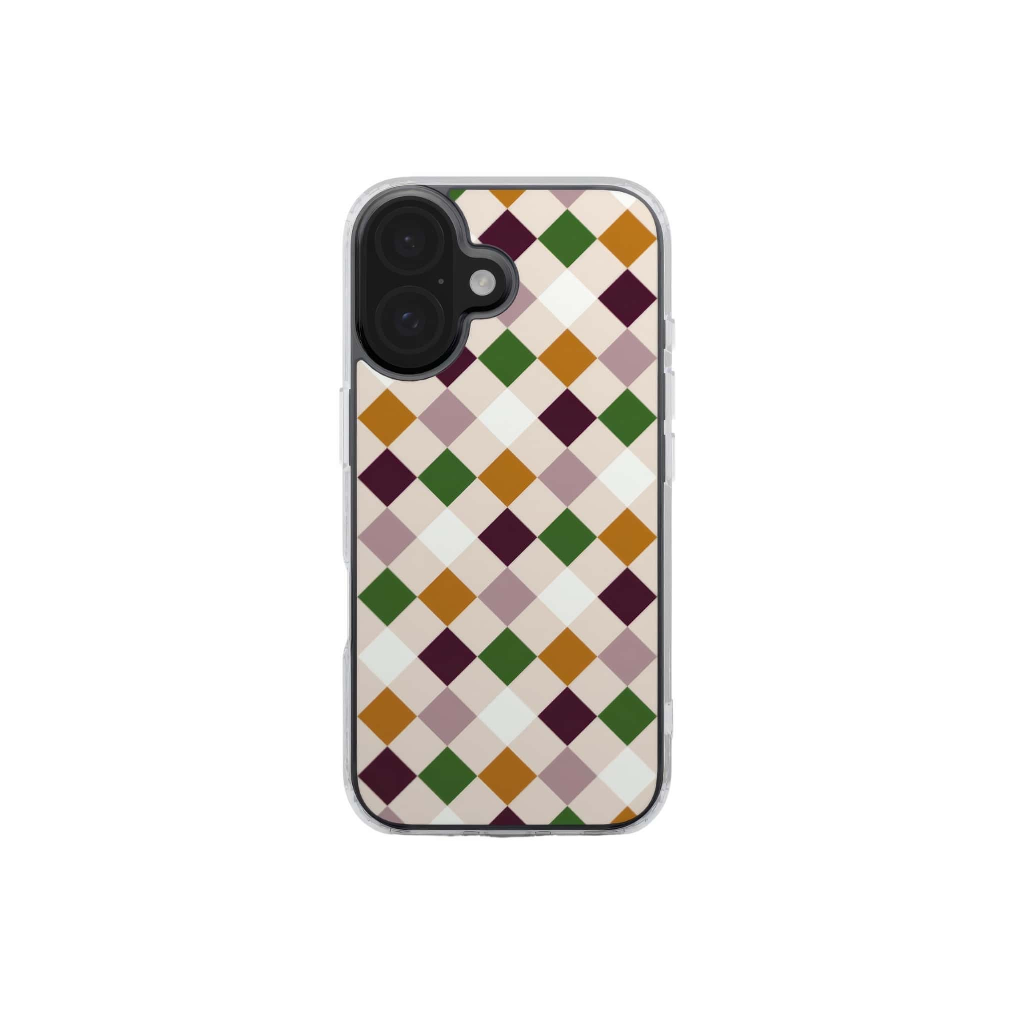 Clear phone case Wonder Chess pattern design with a dynamic geometric symmetry in chess style, featuring an elegant and expressive aesthetic design. Main colors are sugar brown, green, deep cherry and pink. Front view.