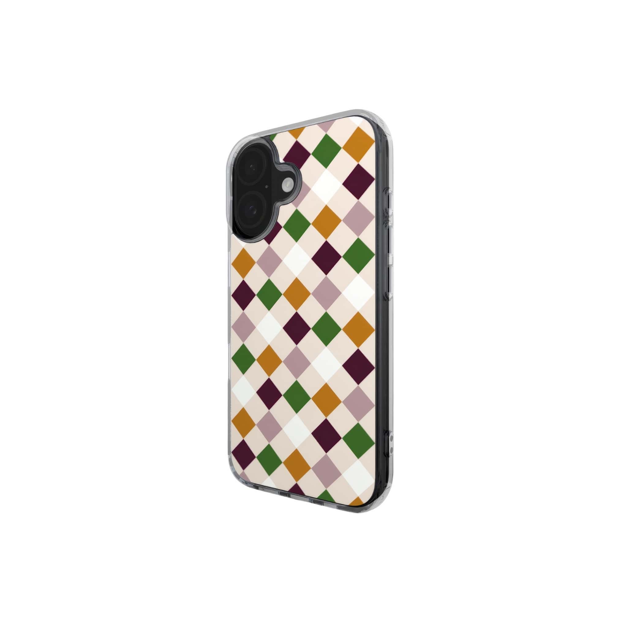 Clear phone case Wonder Chess pattern design with a dynamic geometric symmetry in chess style, featuring an elegant and expressive aesthetic design. Main colors are sugar brown, green, deep cherry and pink. Side view.