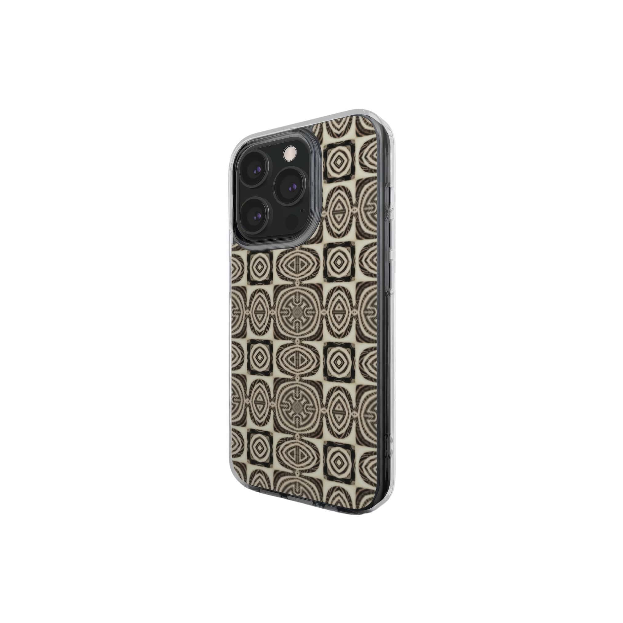 Clear Phone case side view; wooden snake 1 pattern, ornamental pattern; kaleidoscope pattern imagination. Brown color.