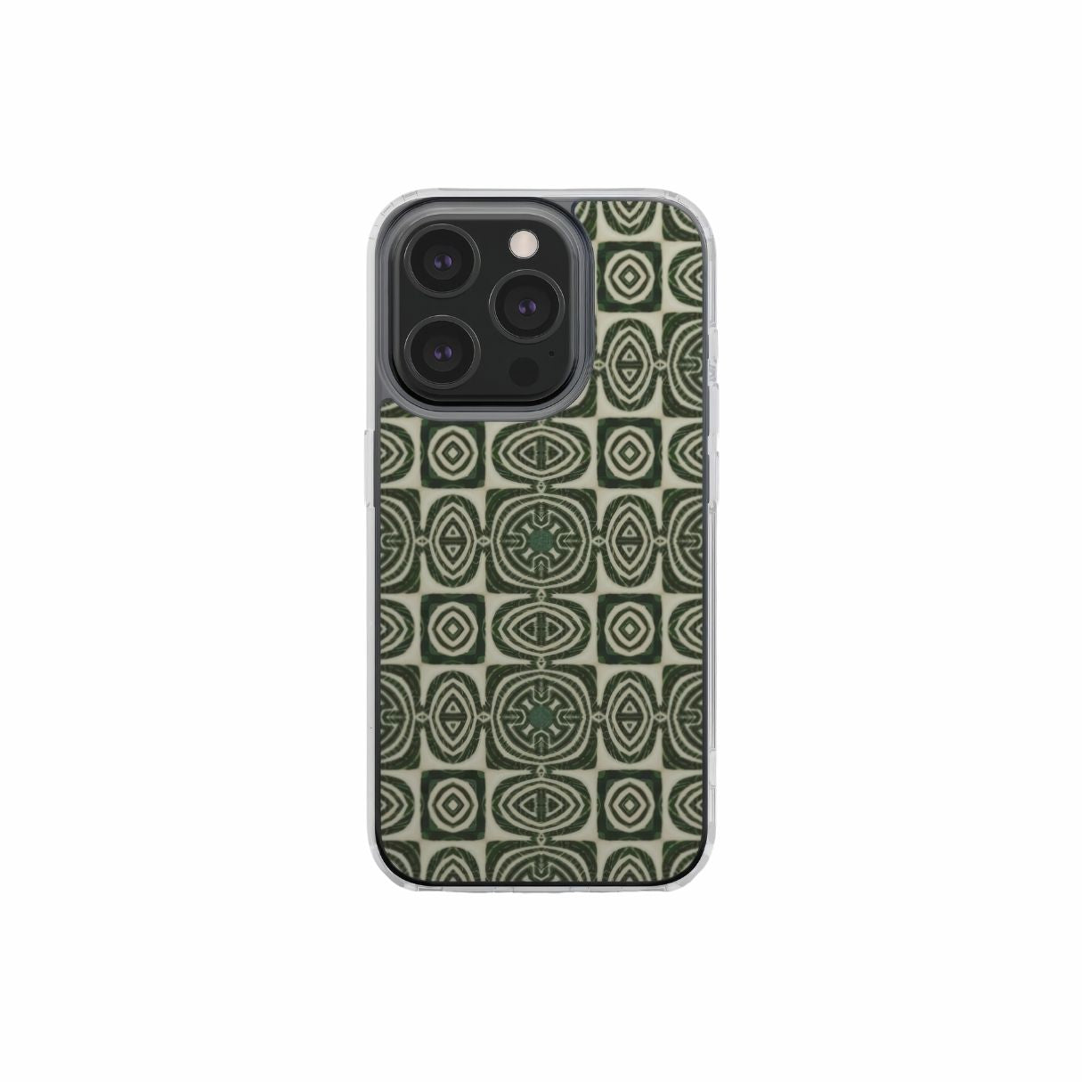 Clear Phone case front view; Wooden Snake 2 pattern, ornamental pattern; kaleidoscope pattern imagination. Green color. Bold expressive aesthetic design. Colorful and interior fit. Elegant.