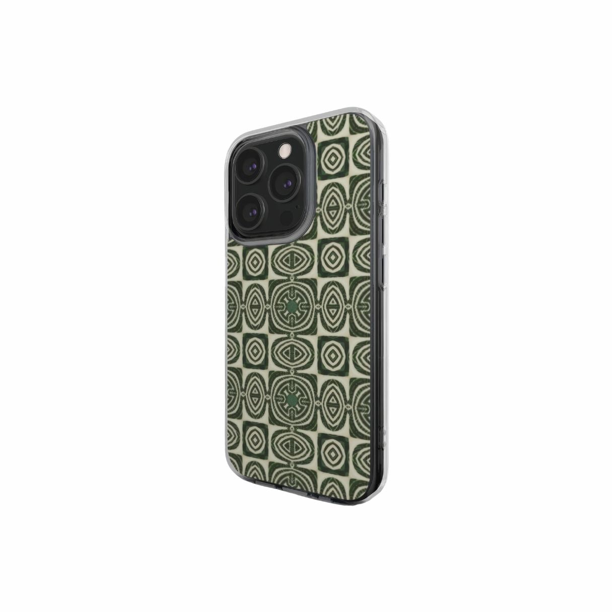 Clear Phone case side view; Wooden Snake 2 pattern, ornamental pattern; kaleidoscope pattern imagination. Green color.