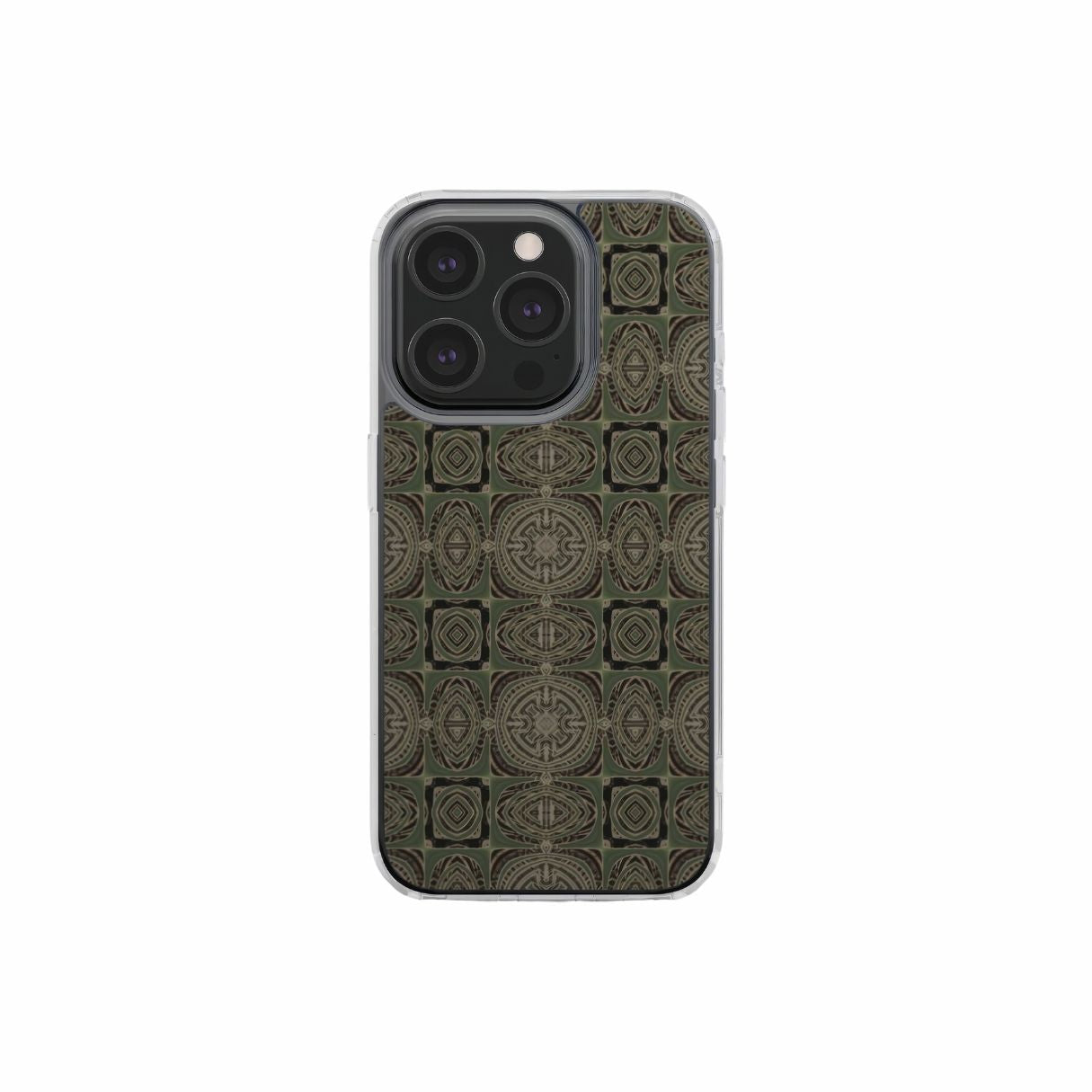 Clear phone case front view; Wooden Snake 3 pattern, ornamental pattern; kaleidoscope pattern imagination. Green color. Bold expressive aesthetic design. Colorful and interior fit. Elegant.