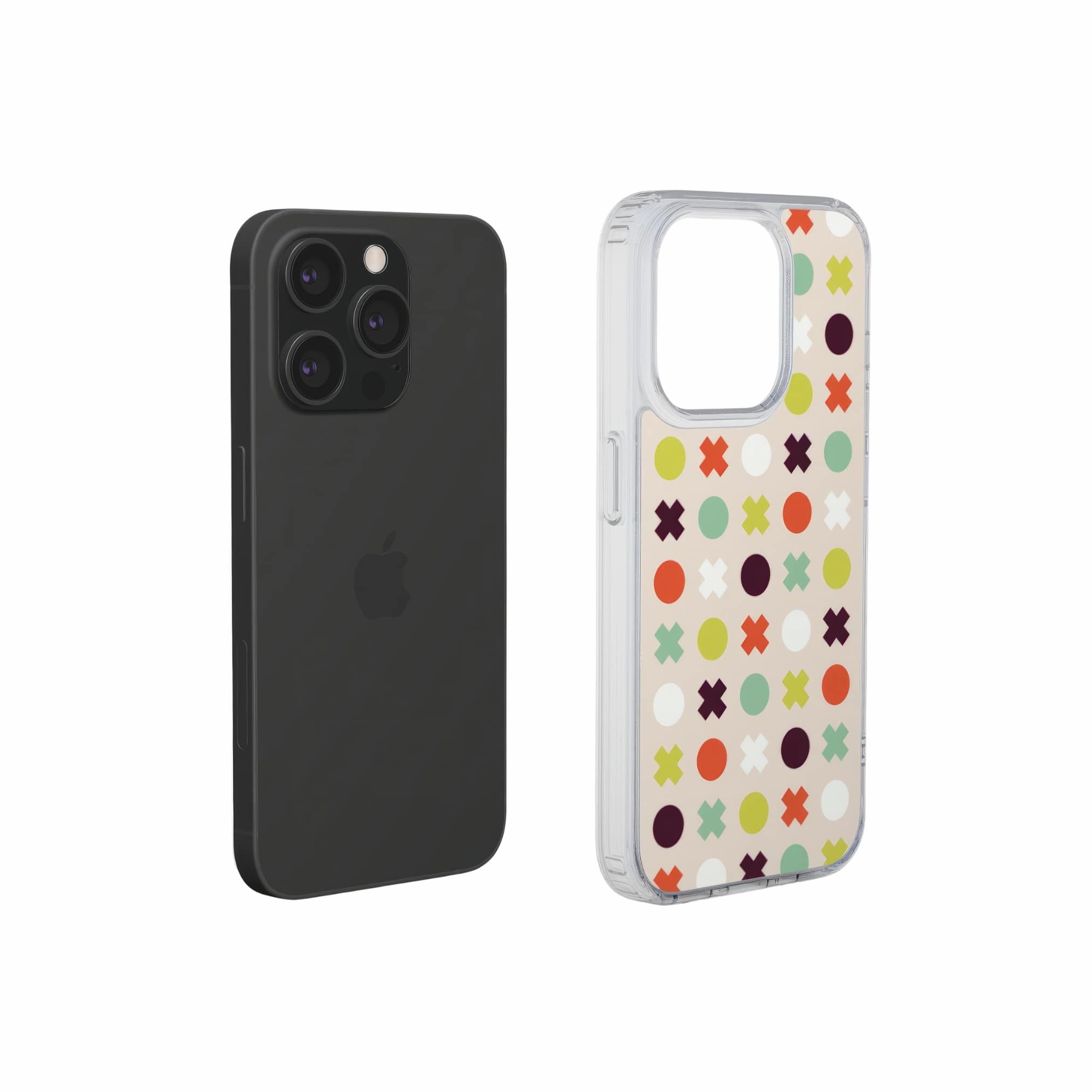 Clear phone case XOXO pattern design with a circles and cross modern style, featuring an elegant and expressive aesthetic design. Main colors are orange red, purple, yellow and mint. Extend view.