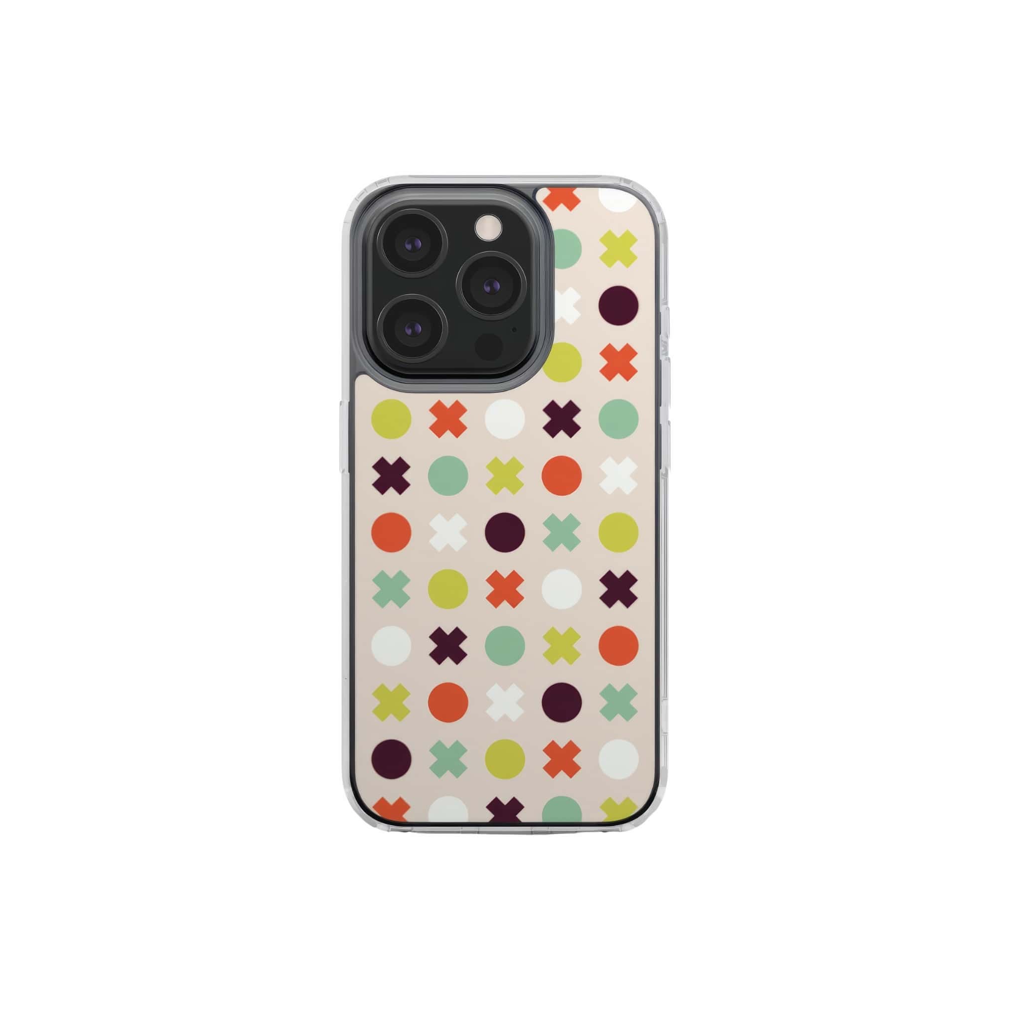 Clear phone case XOXO pattern design with a circles and cross modern style, featuring an elegant and expressive aesthetic design. Main colors are orange red, purple, yellow and mint. Front view.