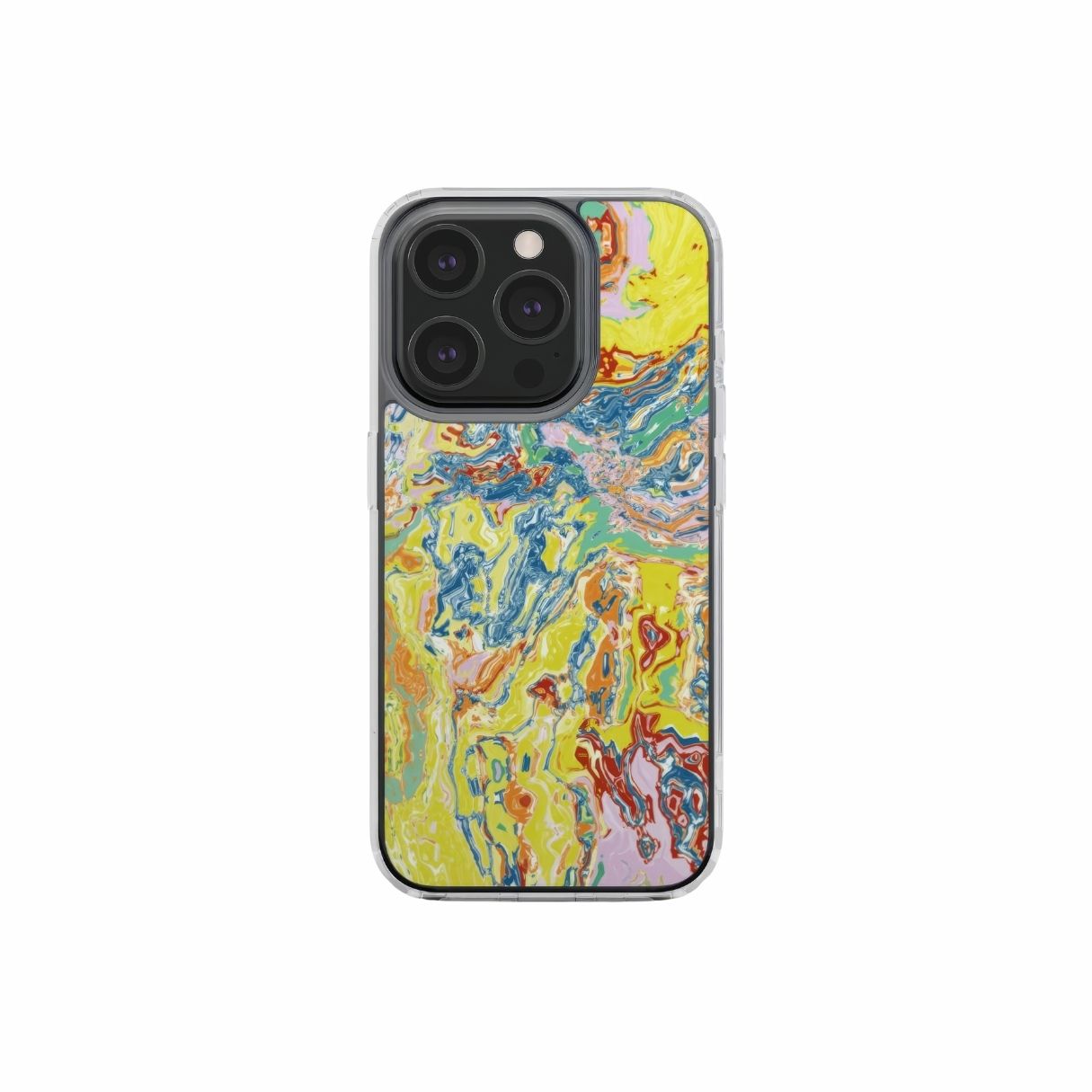 Clear phone case with a bold vivid pattern Yell Ow abstract and artistic style, featuring an elegant and expressive aesthetic design. Main colors are yellow and blue. Front view.