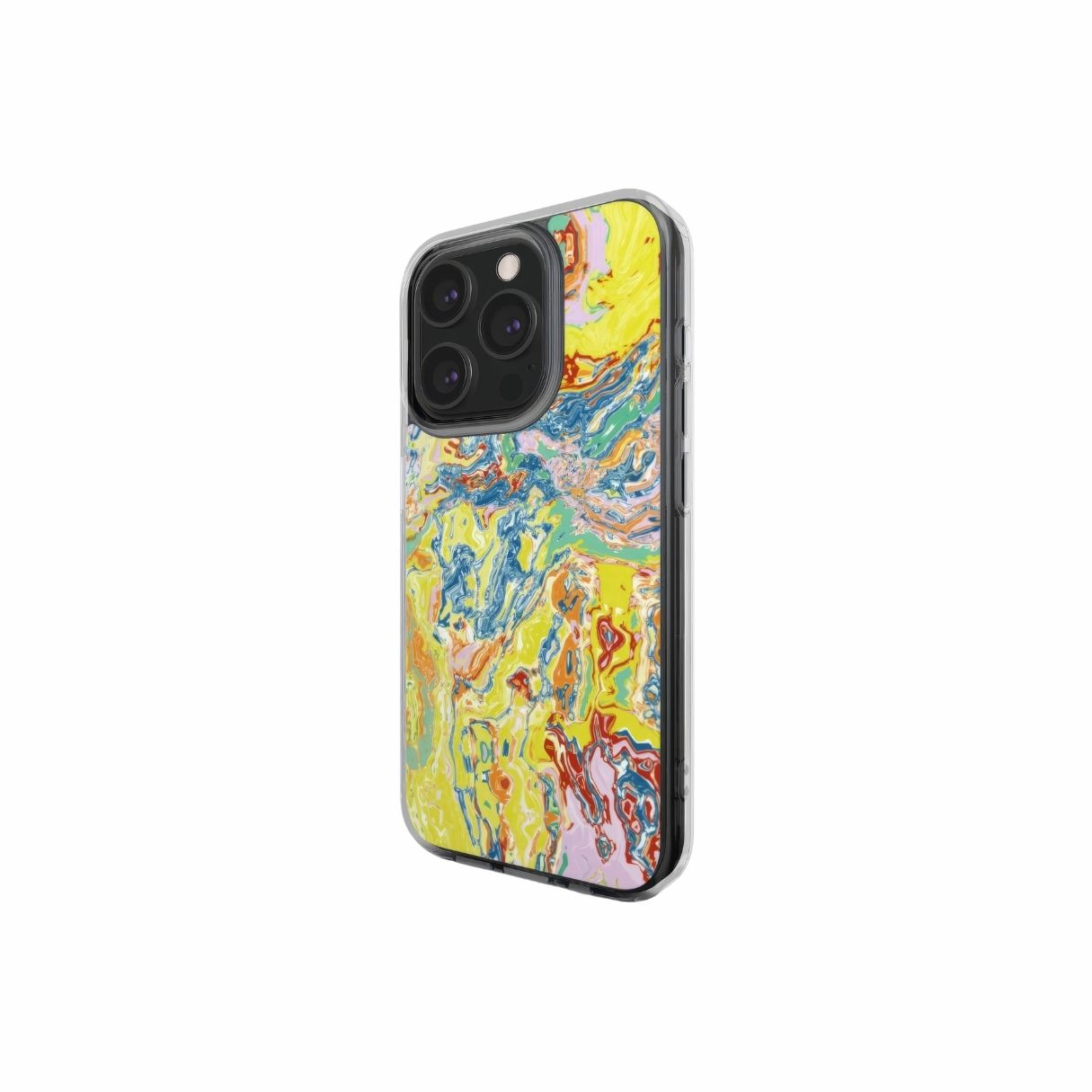 Clear phone case with a bold vivid pattern Yell Ow abstract and artistic style, featuring an elegant and expressive aesthetic design. Main colors are yellow and blue. Side view.