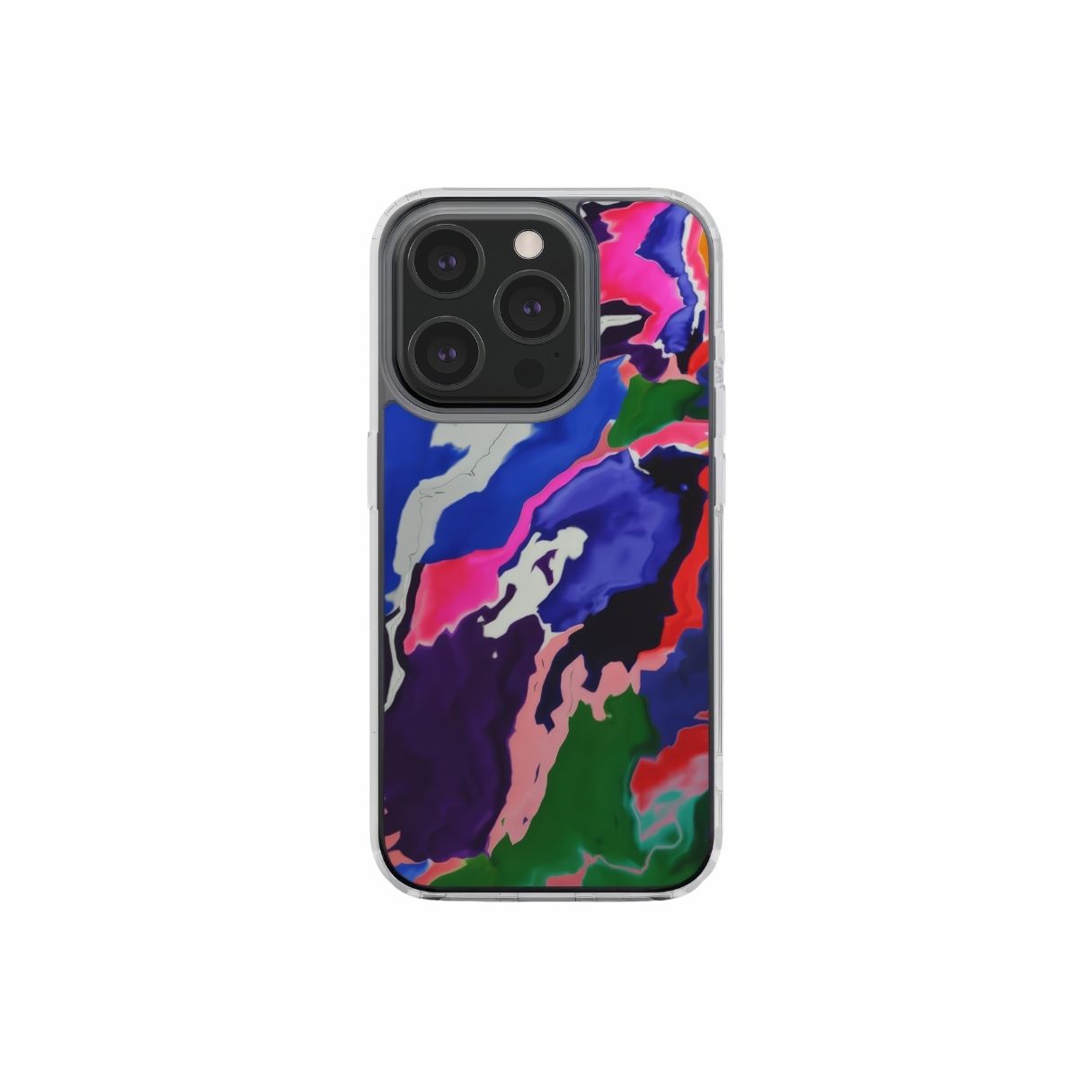 Clear phone case front view; Nebula Drift pattern, artistic, abstract marble pattern. Blue and purple color combination. Bold expressive aesthetic design. Colorful and interior fit. Elegant.