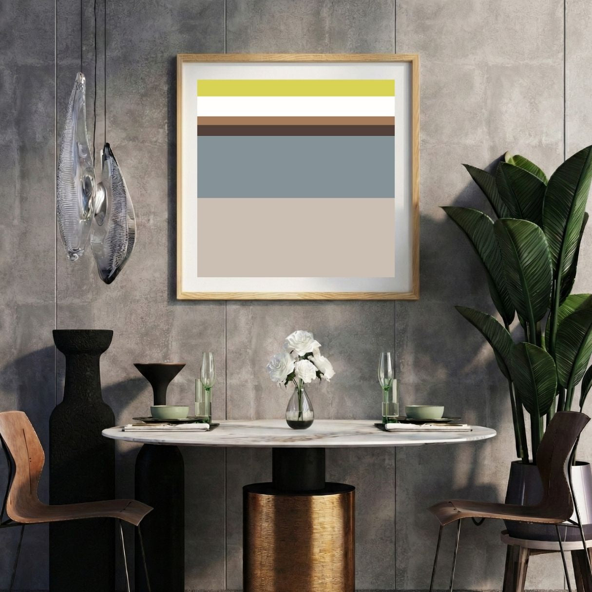 Modern interior with a grey striped print on a gray wall, marble table, and decorative items.