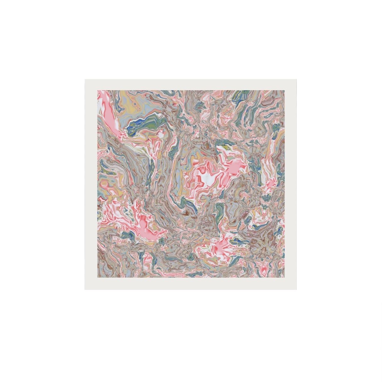 Marbled print with pink, blue, and gray patterns on a white background.