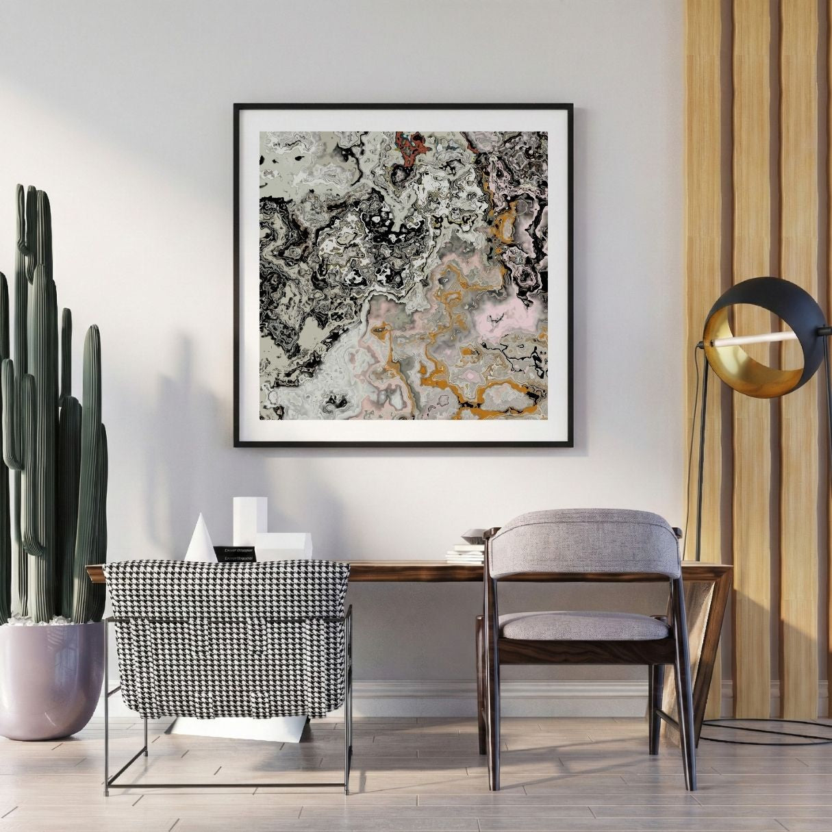 Modern interior with a abstract art print on the wall, chair, and potted plant.