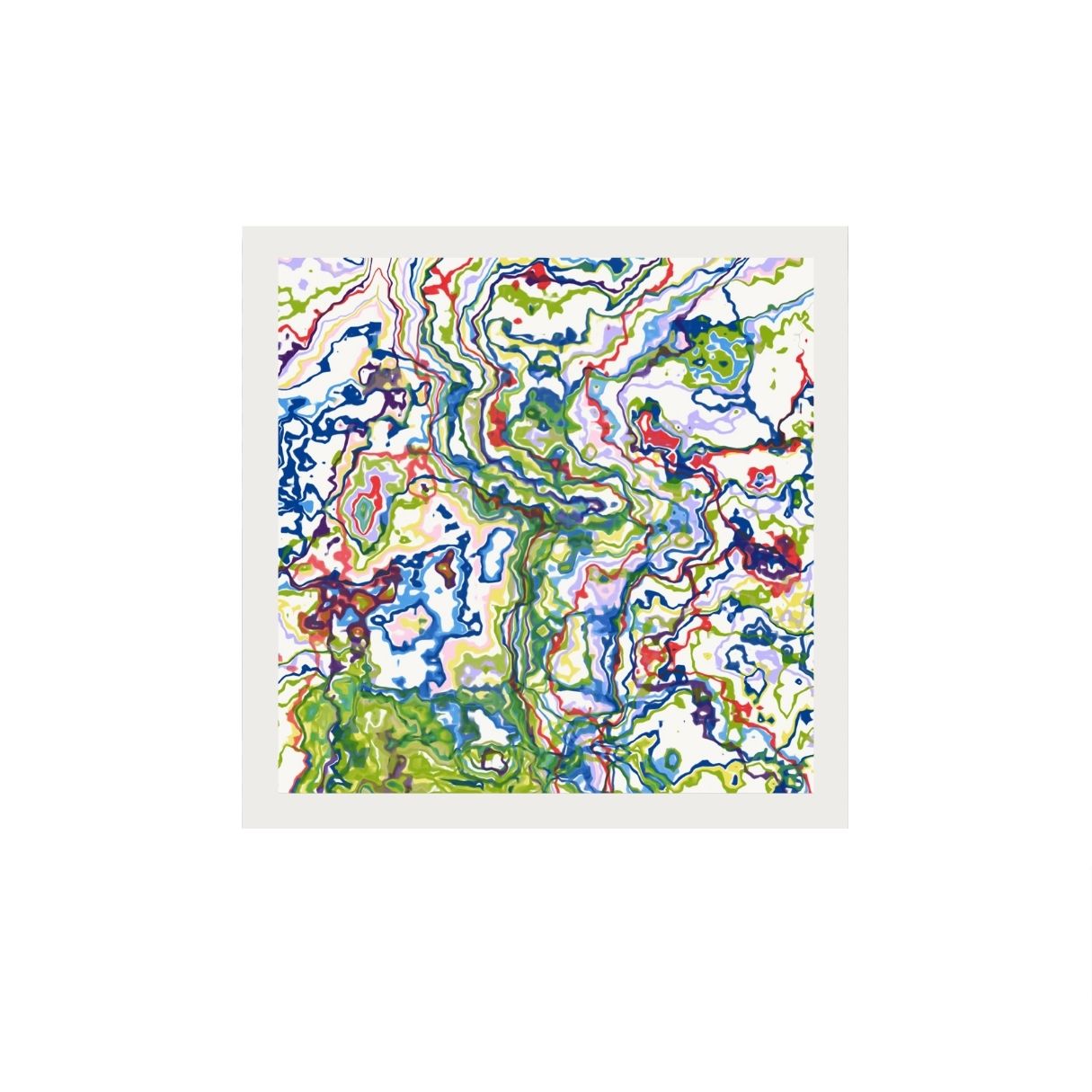 Abstract artwork with colorful wavy patterns on a white background.