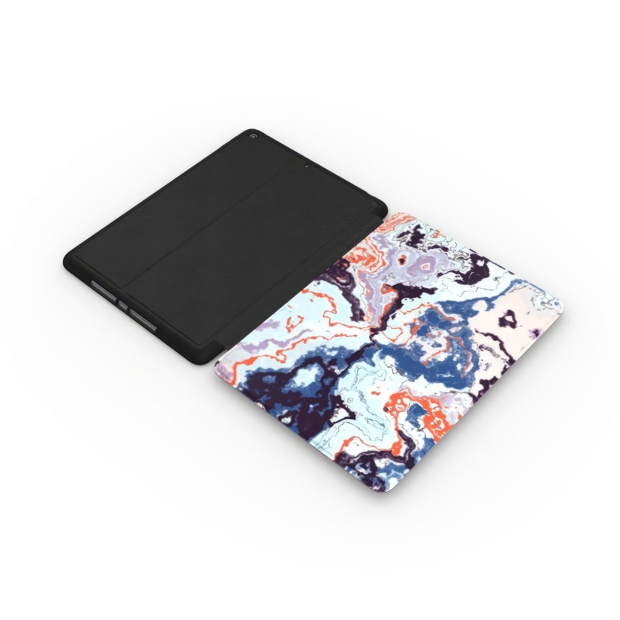 iPad case with Blue Marble Veins pattern design. Extend view. Artistic marble style. Bold expressive aesthetic design. Colorful and interior fit.