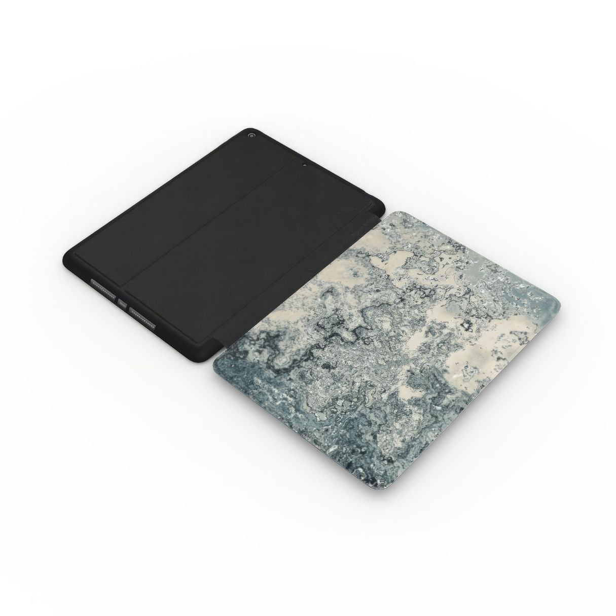 iPad case with a bold vivid pattern Blue Night Dusts abstract and artistic style, featuring an elegant and expressive aesthetic design. Main colors are blue and beige. Extend side view.
