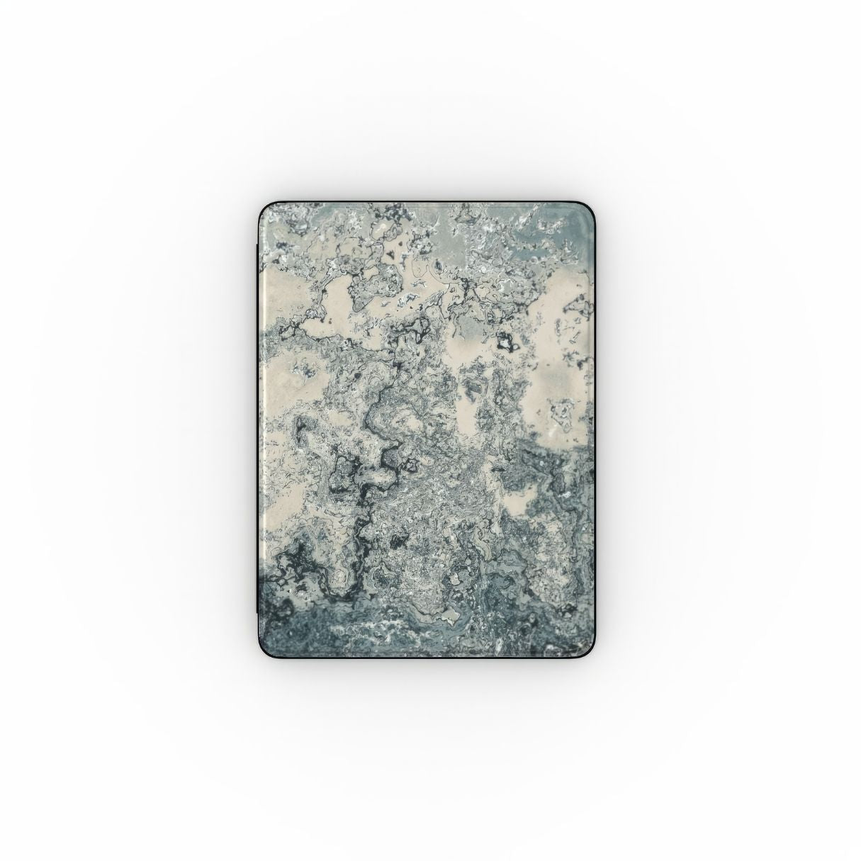 iPad case with a bold vivid pattern Blue Night Dusts abstract and artistic style, featuring an elegant and expressive aesthetic design. Main colors are blue and beige. Front view.