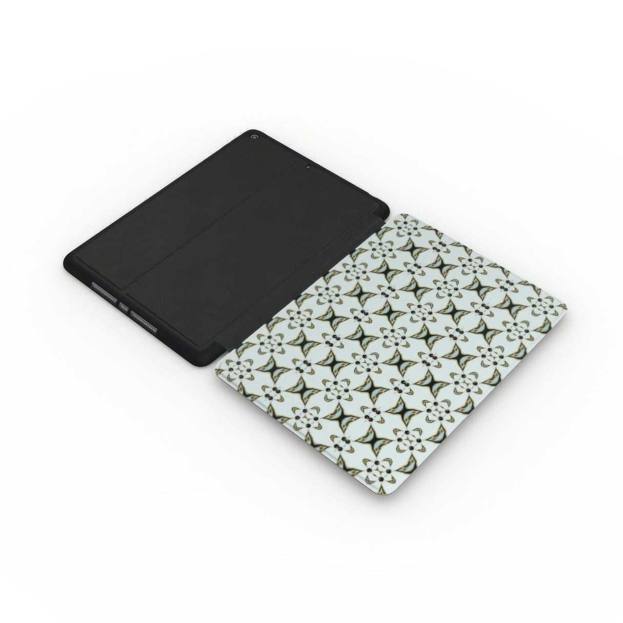 Apple iPad case ButterFly pattern design with a playful, bold expression of kaleidoscope form, featuring an elegant and expressive aesthetic design. Main color is light blue. Extend view.