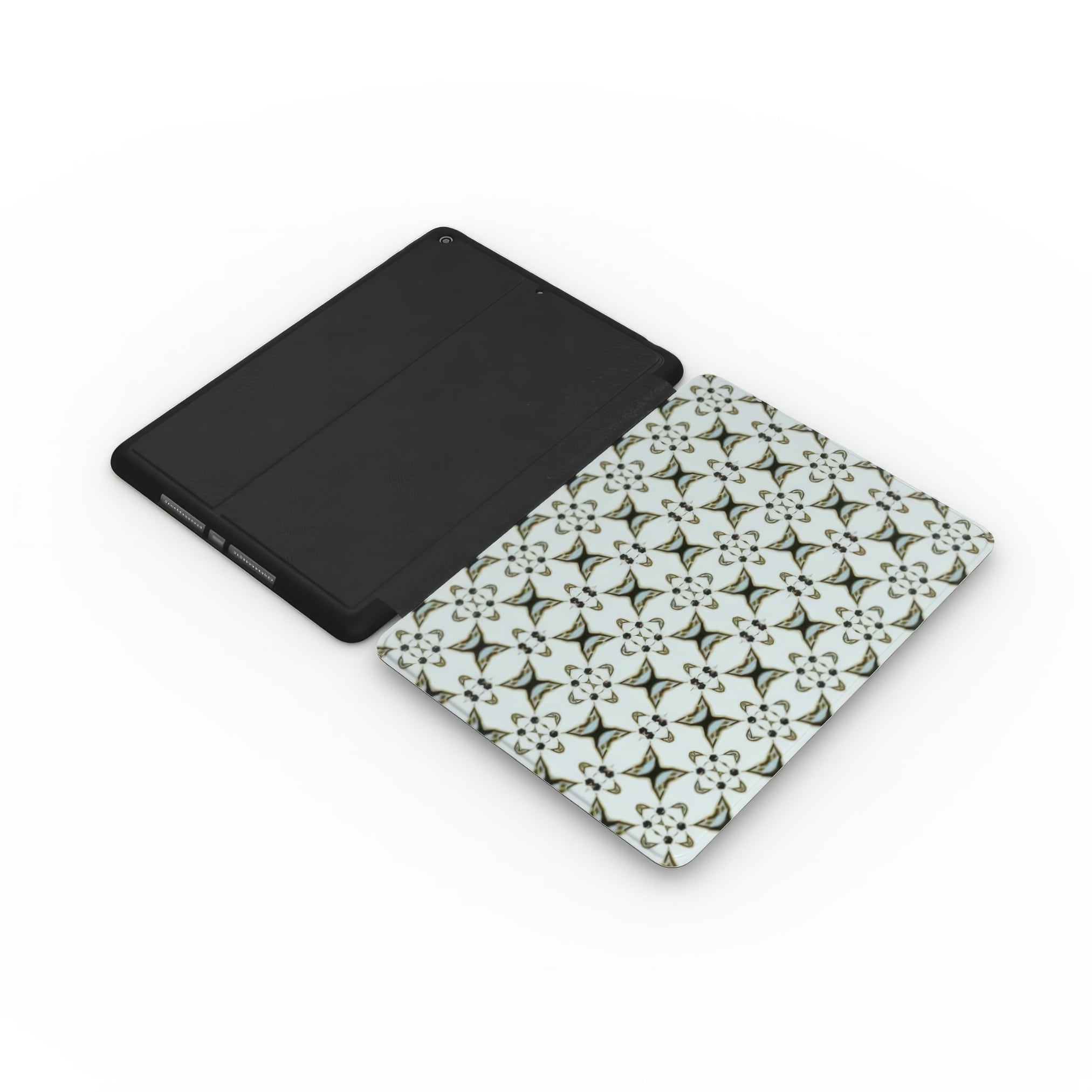 Apple iPad case ButterFly pattern design with a playful, bold expression of kaleidoscope form, featuring an elegant and expressive aesthetic design. Main color is light blue. Side extend view.