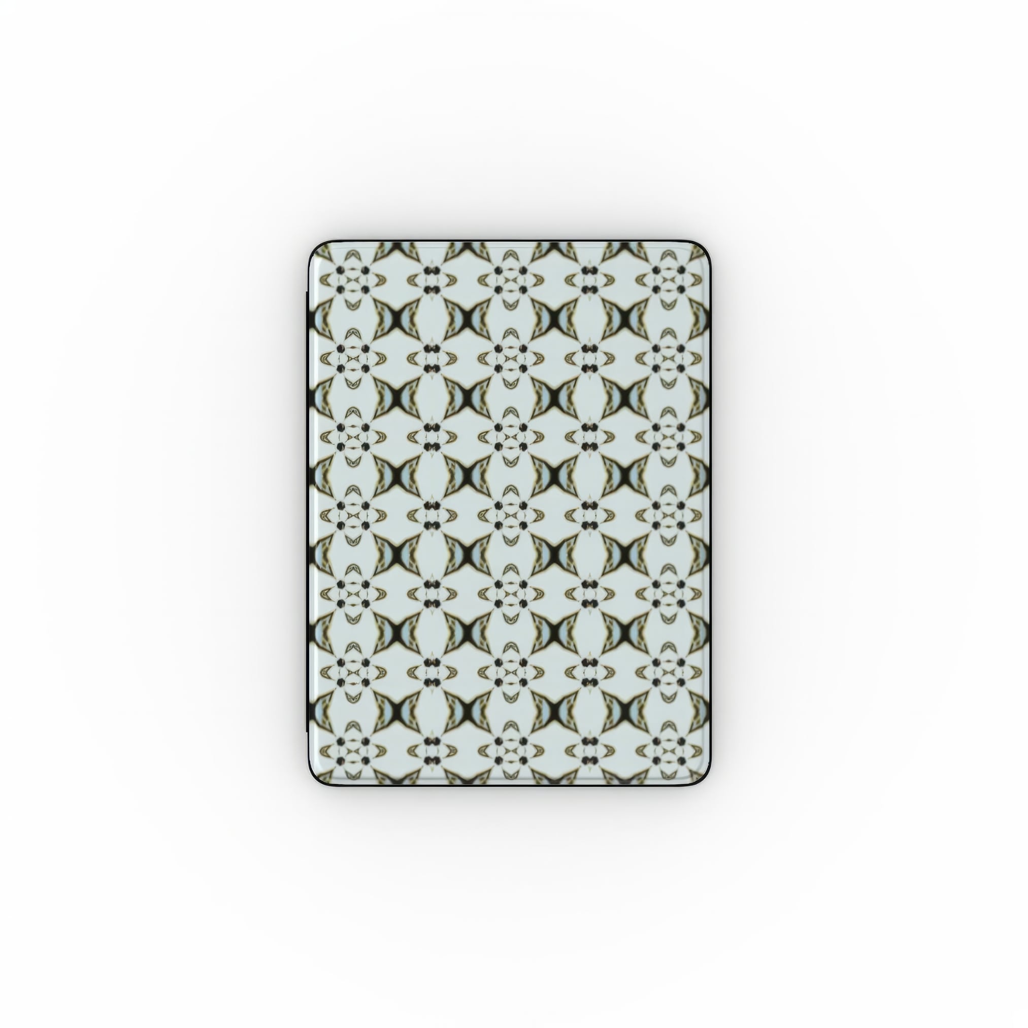 Apple iPad case ButterFly pattern design with a playful, bold expression of kaleidoscope form, featuring an elegant and expressive aesthetic design. Main color is light blue. Front view.
