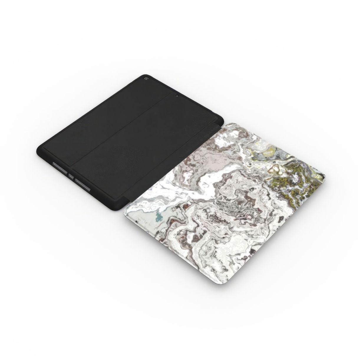 Classic White Marble pattern and iPad case extend view. Bold expressive aesthetic design. Colorful and interior fit.