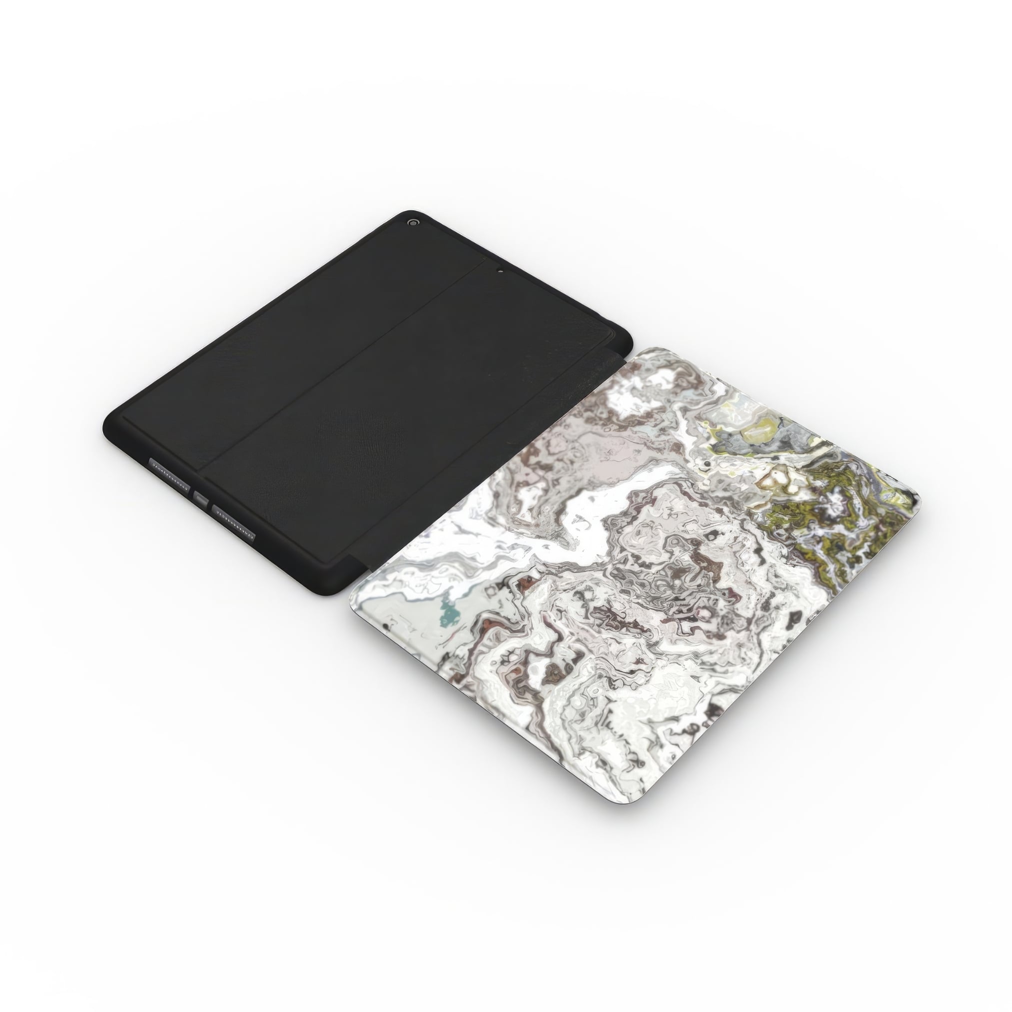 Classic White Marble pattern and iPad case side extend view.