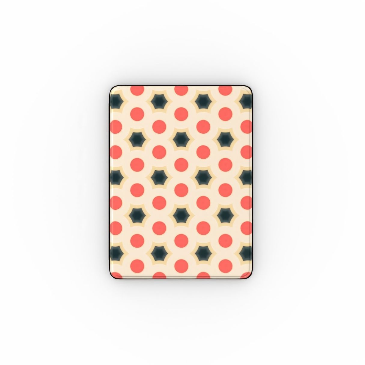 iPad case front view; Clown Add pattern, artistic, ornamental pattern. Red and Beige color combination. Bold expressive aesthetic design.