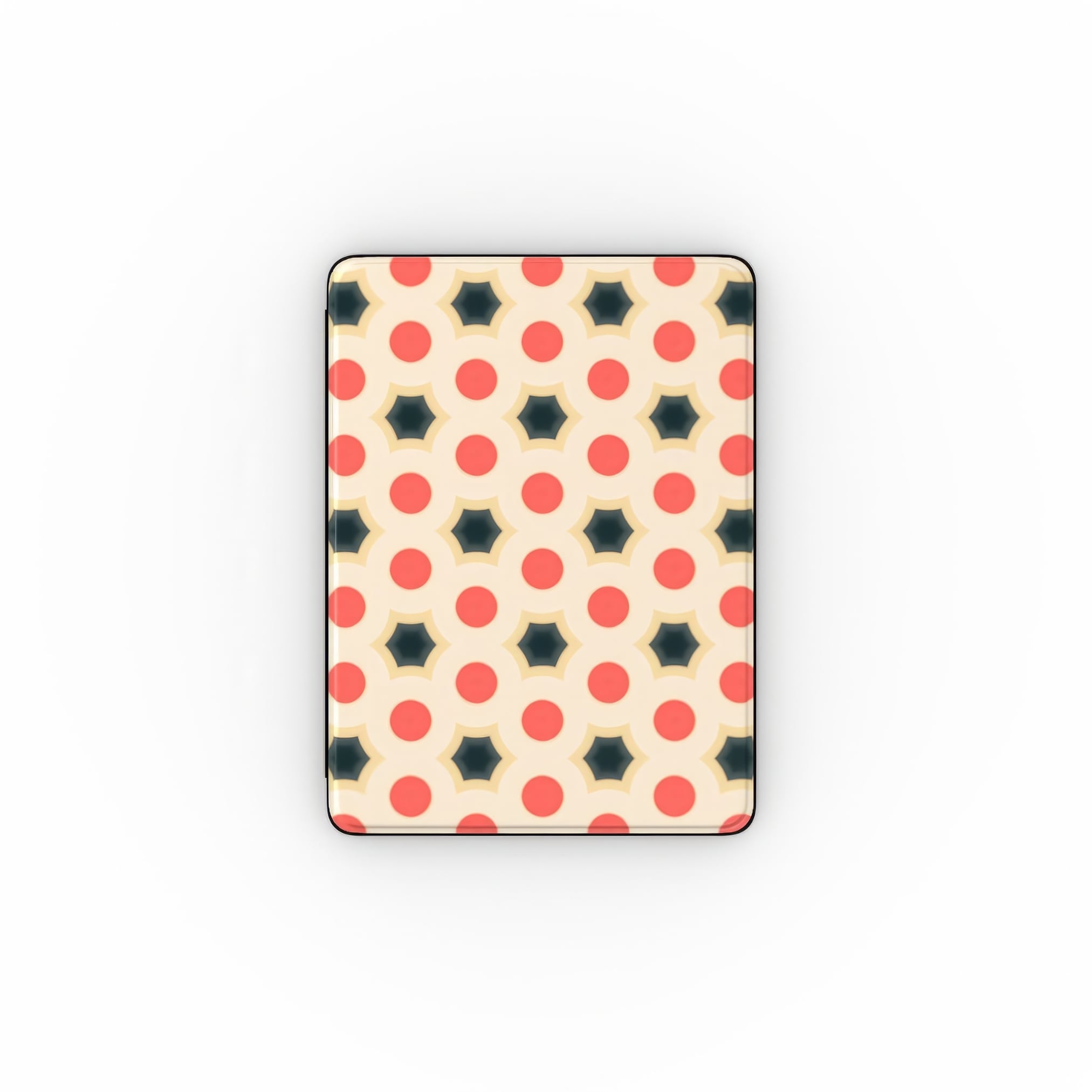 iPad case front view; Clown Add pattern, artistic, ornamental pattern. Red and Beige color combination. Bold expressive aesthetic design.
