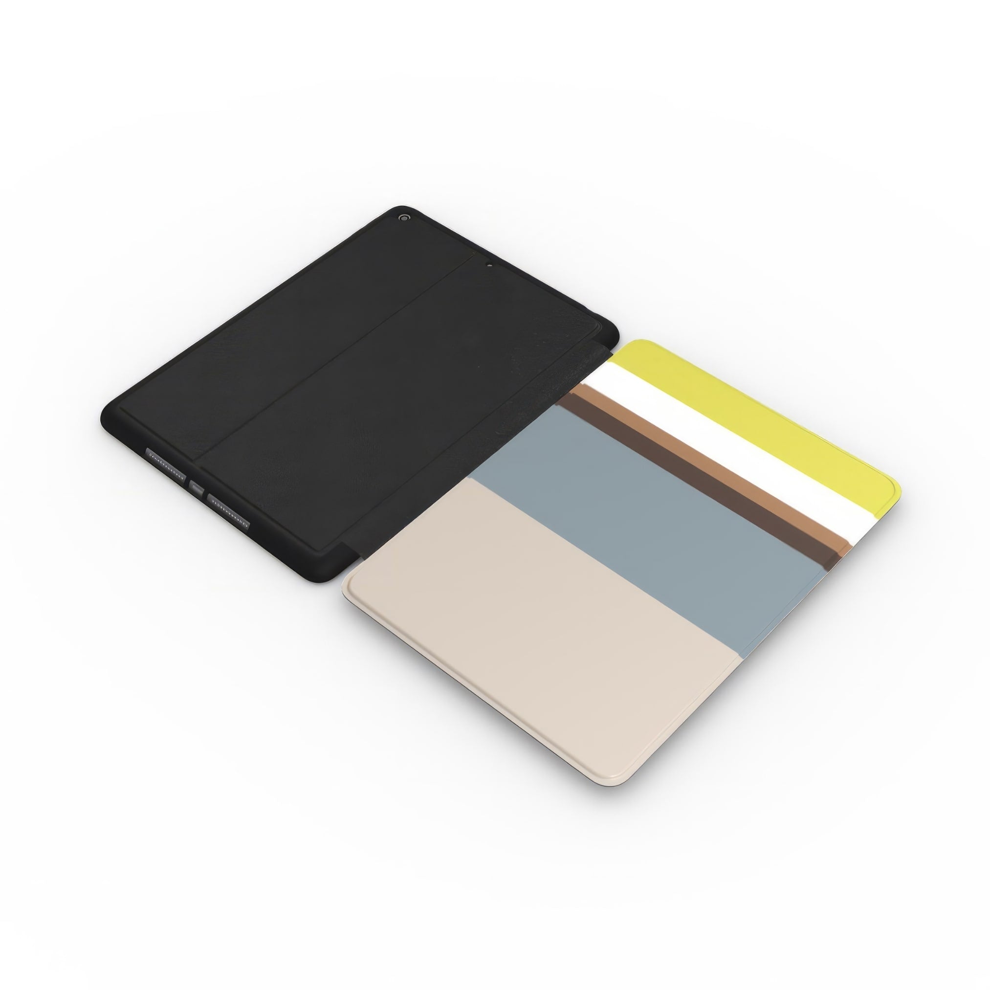 iPad case Color Blocks Grey pattern design with a color blocks, featuring an elegant and expressive aesthetic design. Main colors are caramel, chocolate brown, yellow and gray. Extend view.