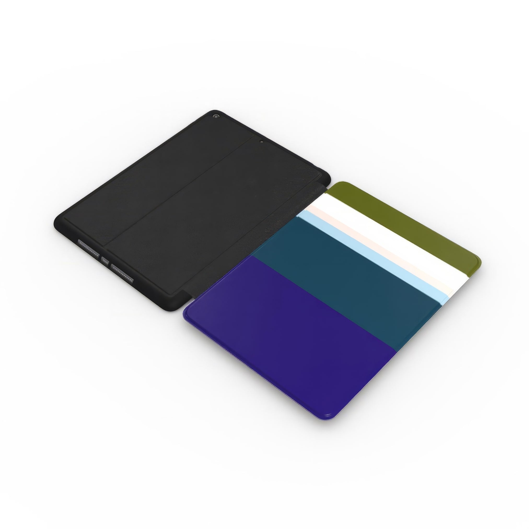 iPad vegan leather case Color Blocks Navy pattern design with a color blocks, featuring an elegant and expressive aesthetic design. Main colors are khaki, navy blue, deep marine, light blue and pink. Extend view.