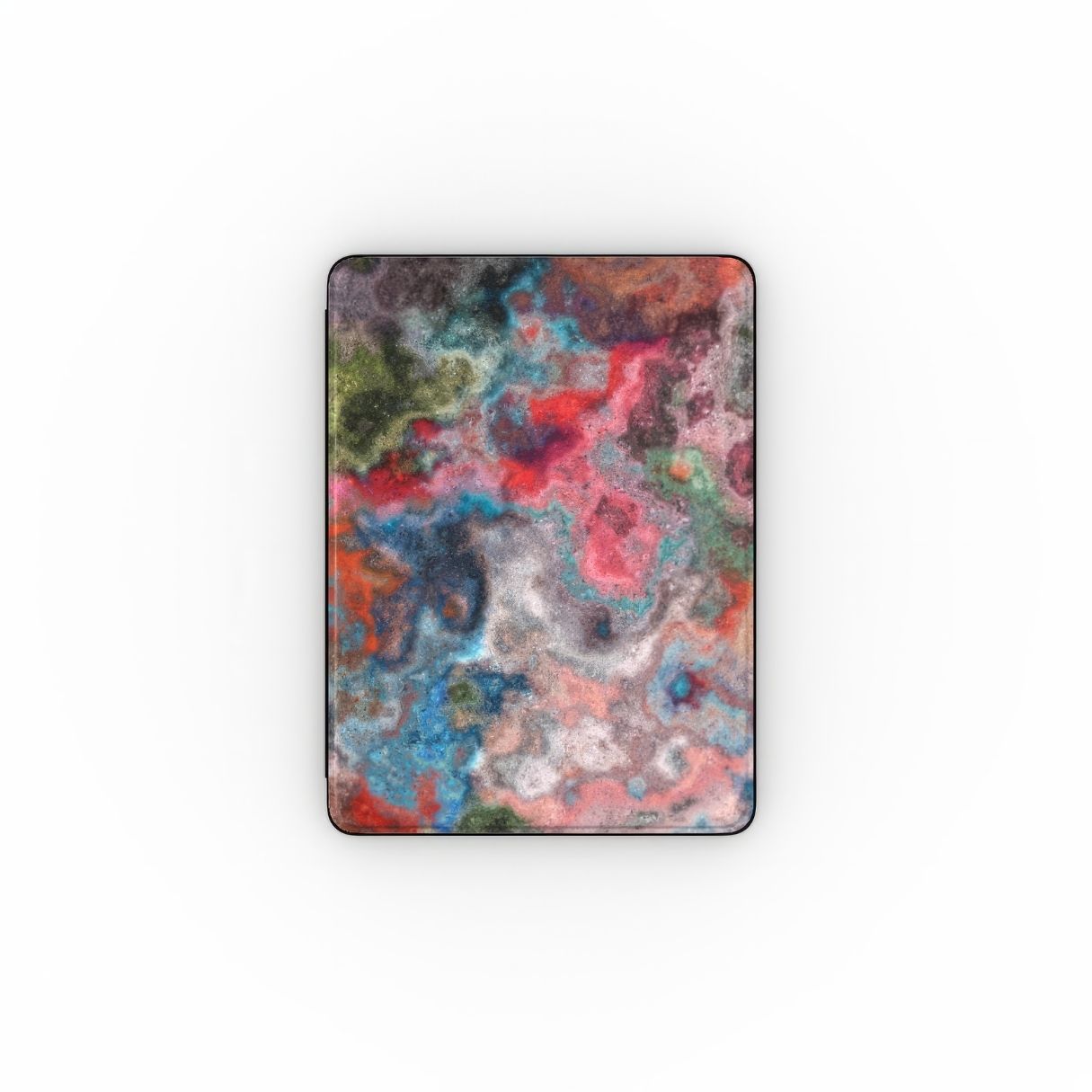 iPad case with vivid color pattern Color Fog abstract and artistic style, featuring an elegant and expressive aesthetic design. Main colors are red, deep blue and green. Front view.