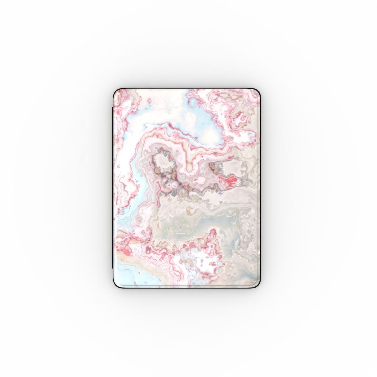 iPad case front view; Divine Blue River pattern, artistic, abstract marble pattern. Light blue and pink color combination. Bold expressive aesthetic design. Colorful and interior fit.